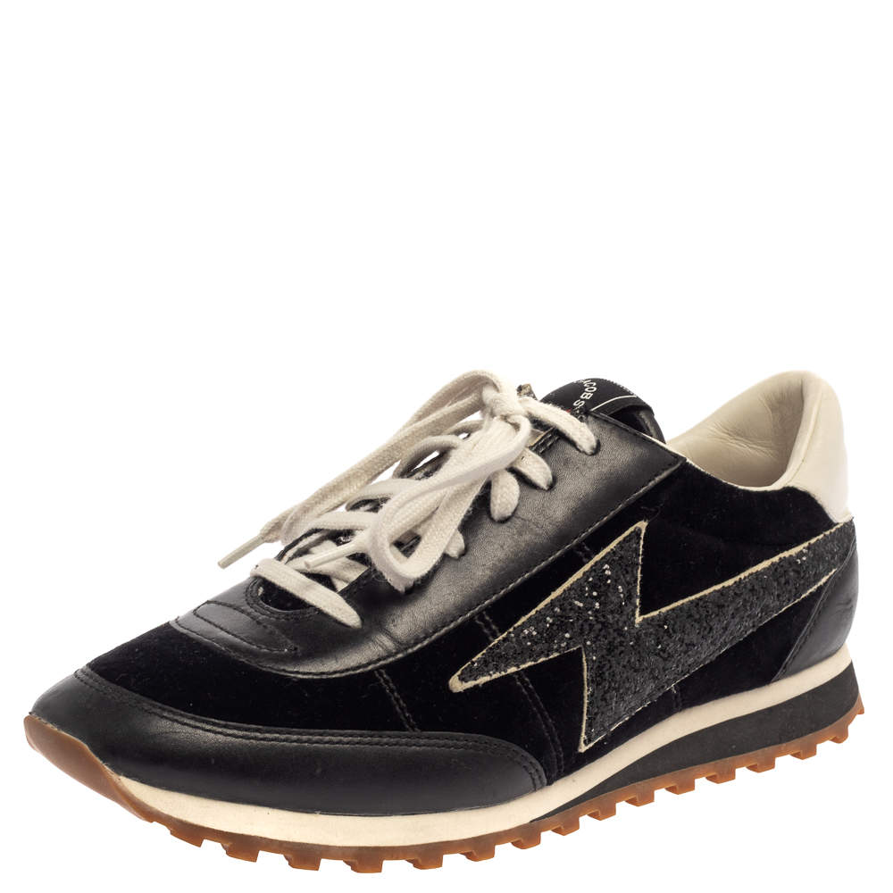 Pre Owned Marc Jacobs Black/White Velvet And Leather Lightening Bolt Sneakers Size 39