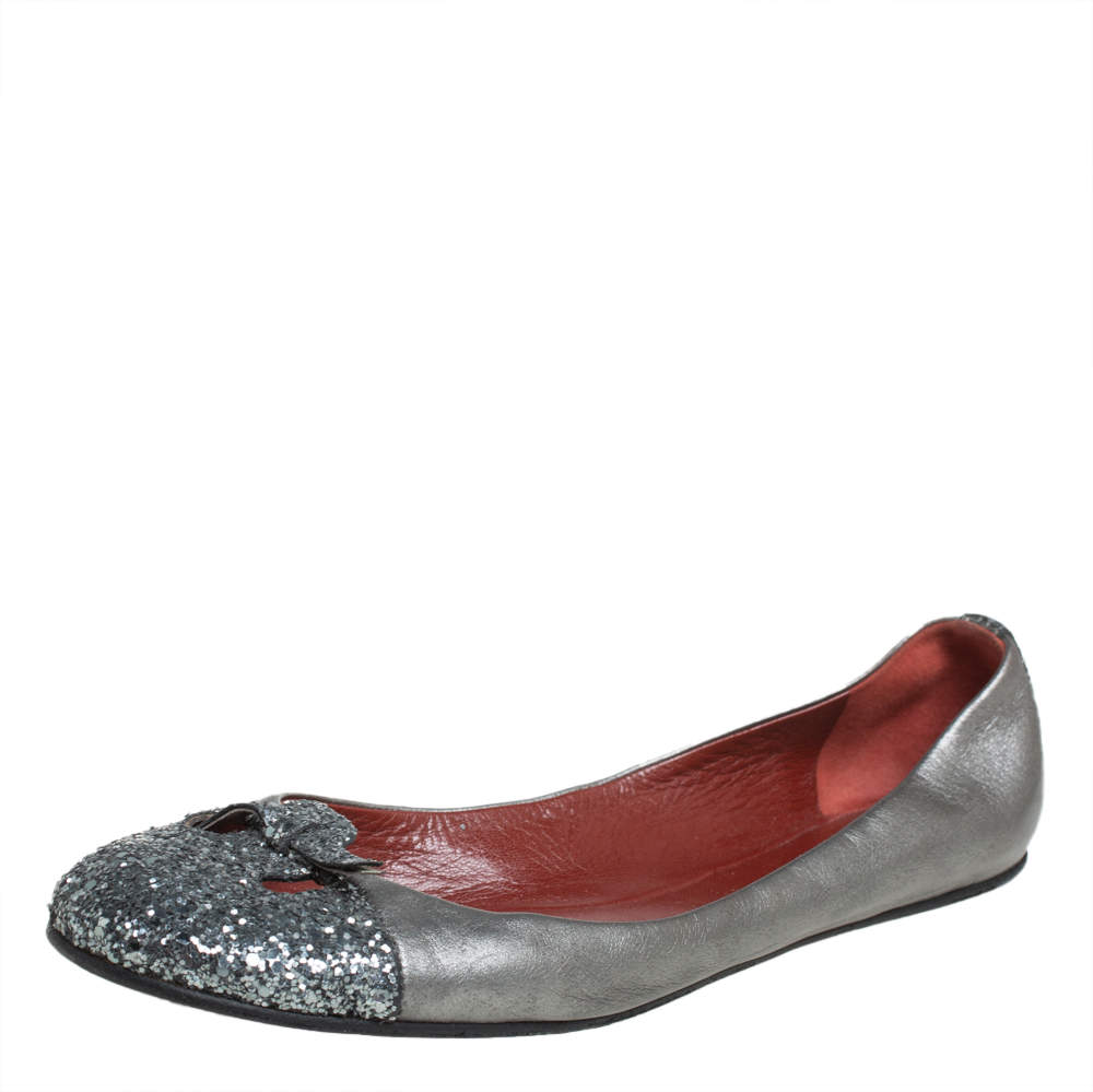 Marc Jacobs Metallic Silver Glitter And Leather Ballet Flats Size 38