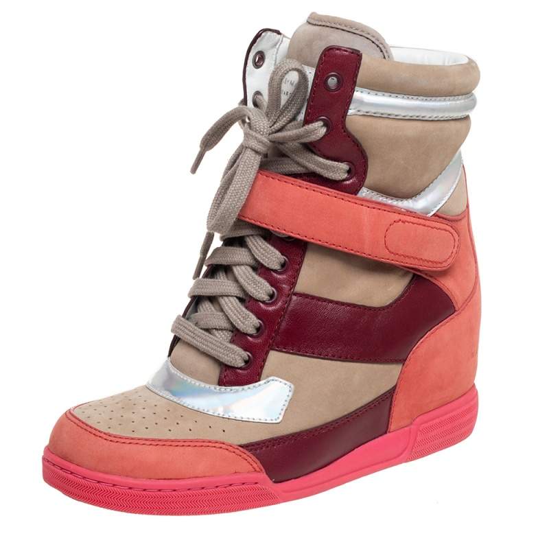 Pre Owned Marc by Marc Jacobs Multicolor Leather and Suede Lace Up Wedge Sneakers Size 37