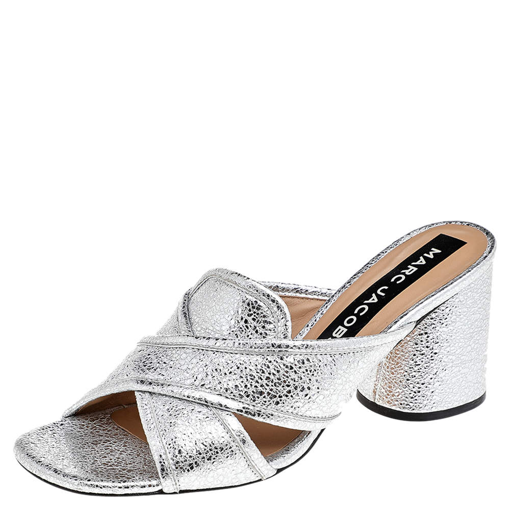 Marc Jacobs Metallic Silver Crackle Leather Criss Cross Slide Sandals Size 39