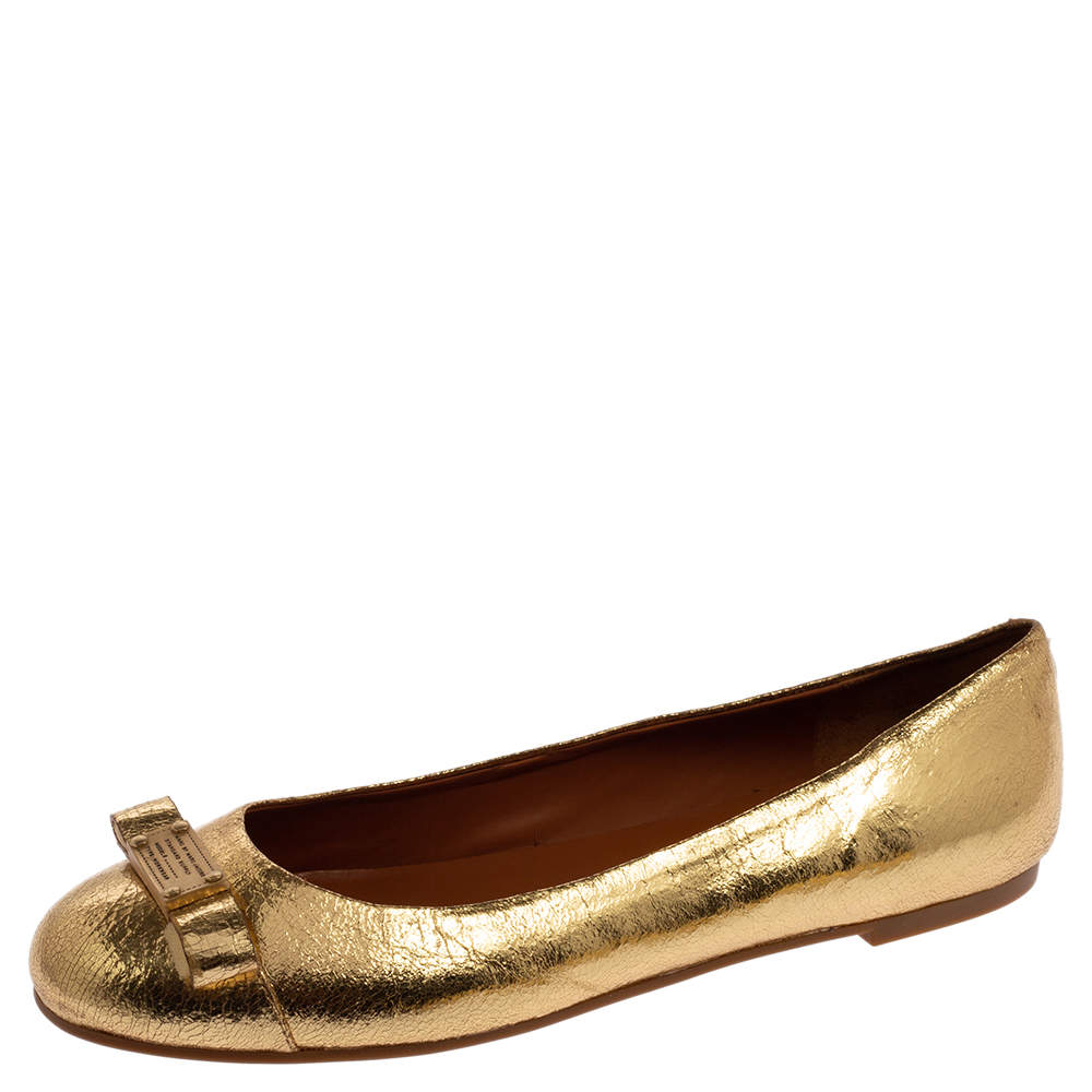 Pre Owned Marc Jacobs Gold Leather Bow Ballet Flats Size 37