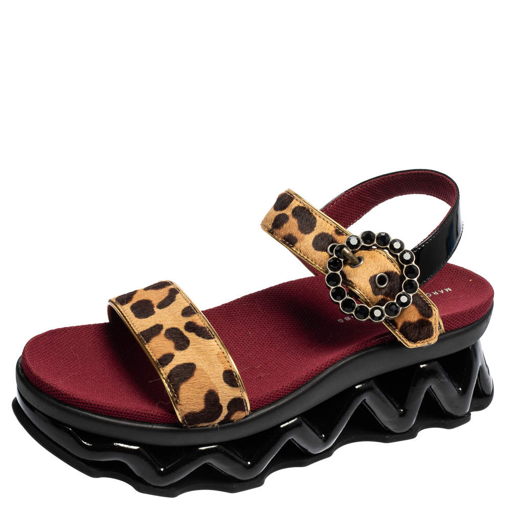 Marc by Marc Jacobs Beige Leopard Print Calf Hair and Patent Leather Ninja Wave Platform Sandals Size 39