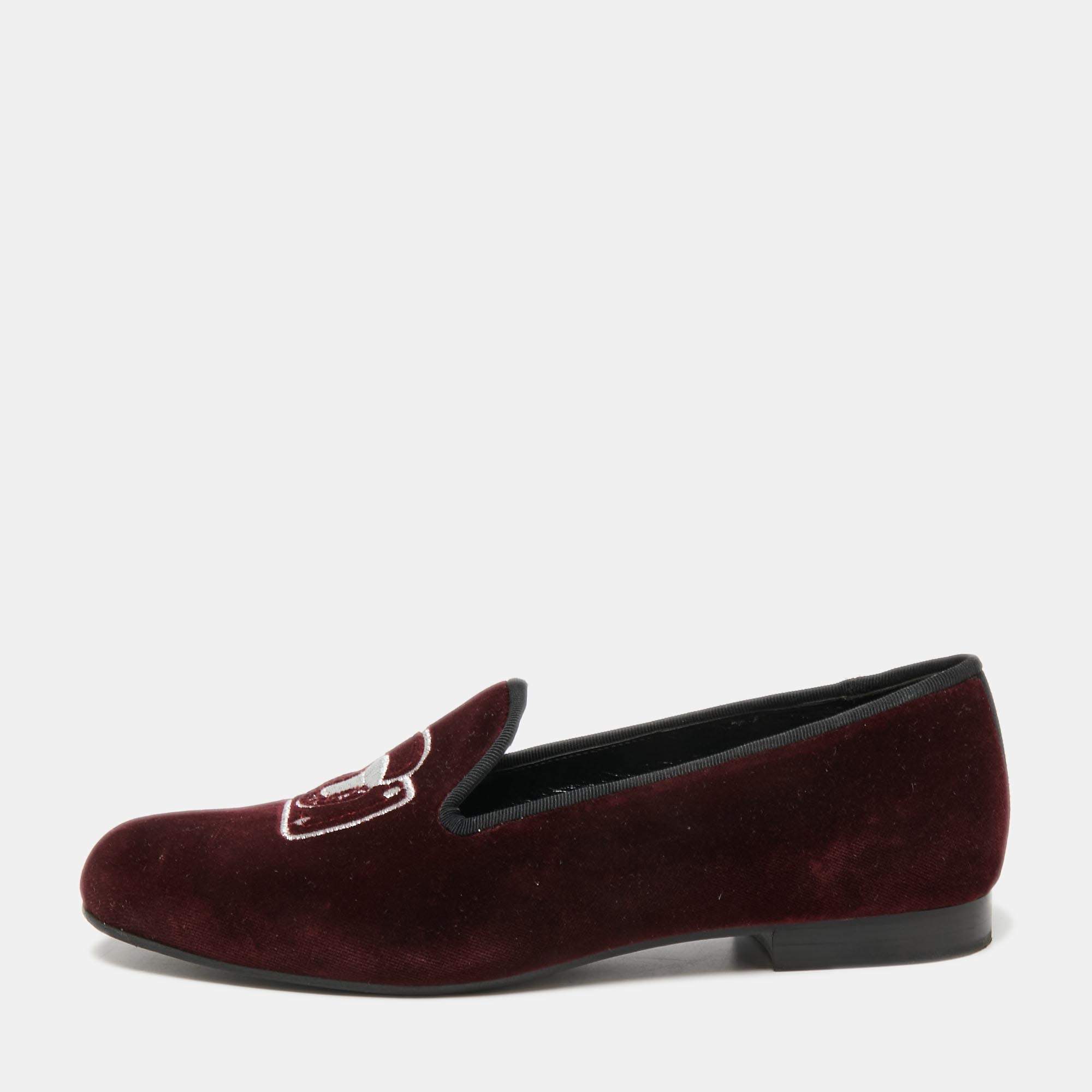 Pre Owned Marc Jacobs Burgundy Velvet Embroidered Smoking Slippers Size 36