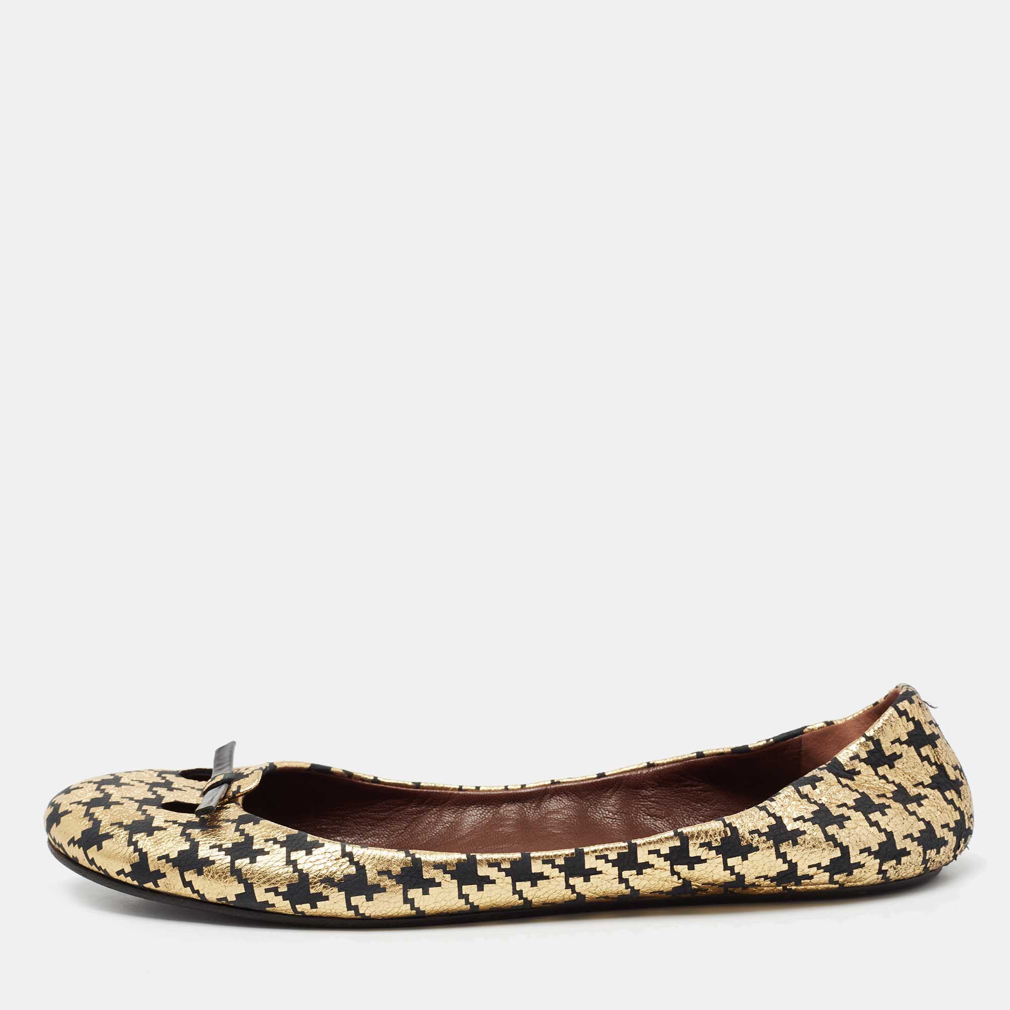 Marc Jacobs Gold/Black Houndstooth Print Suede Bow Ballet Flats Size 40