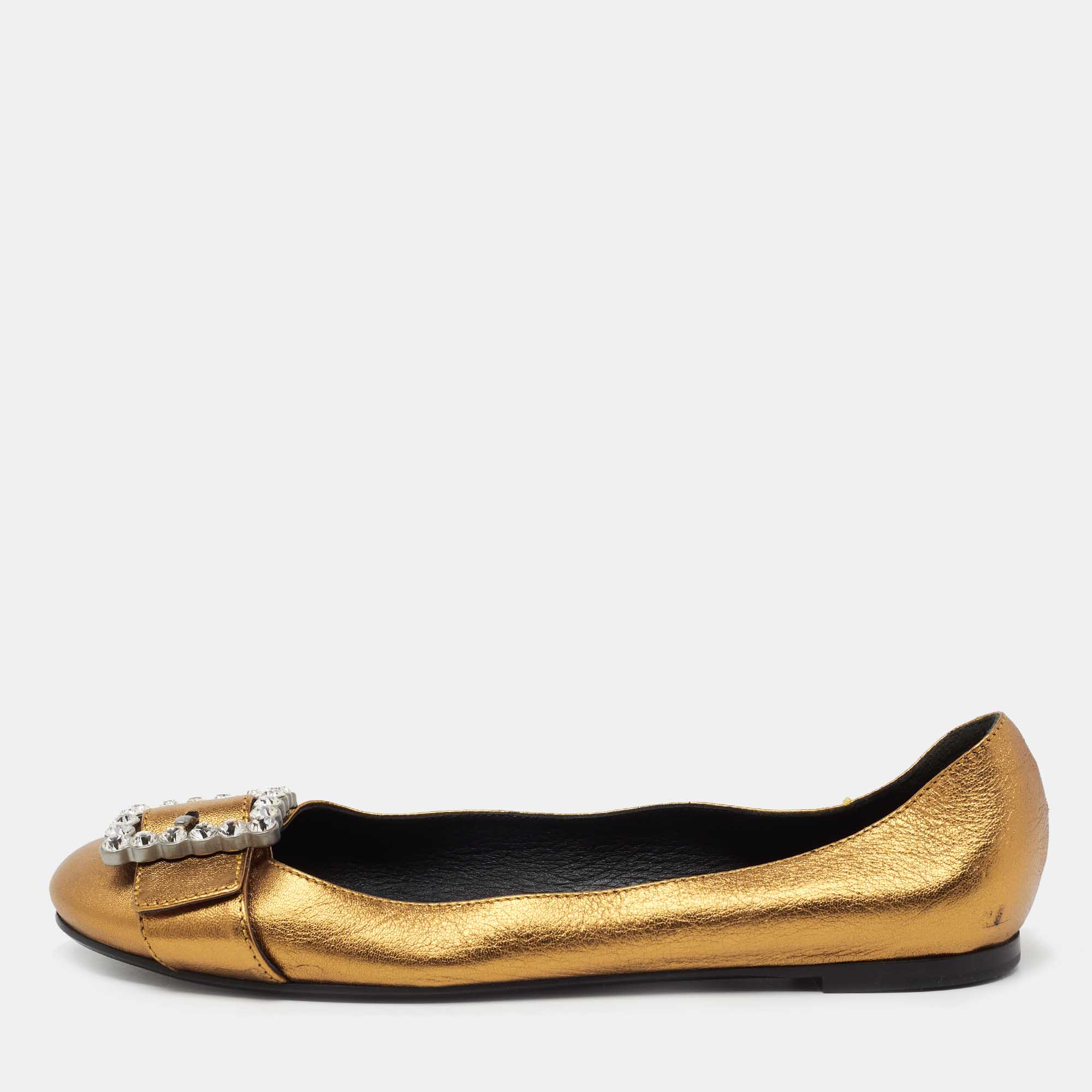 Pre Owned Marc Jacobs Metallic Leather Crystal Embellished Buckle Ballet Flats Size 39