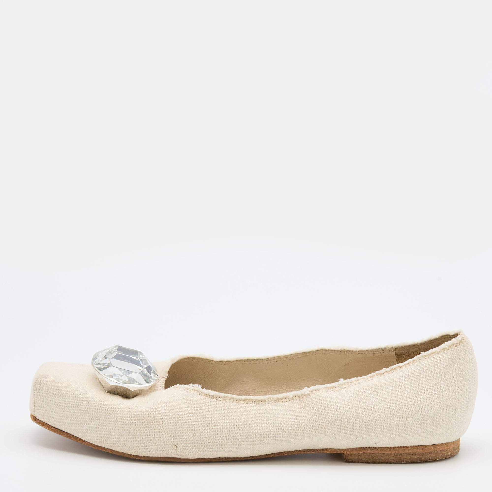 Marc Jacobs Off White Canvas Crystal Embellished Square Toe Ballet Flats Size 39