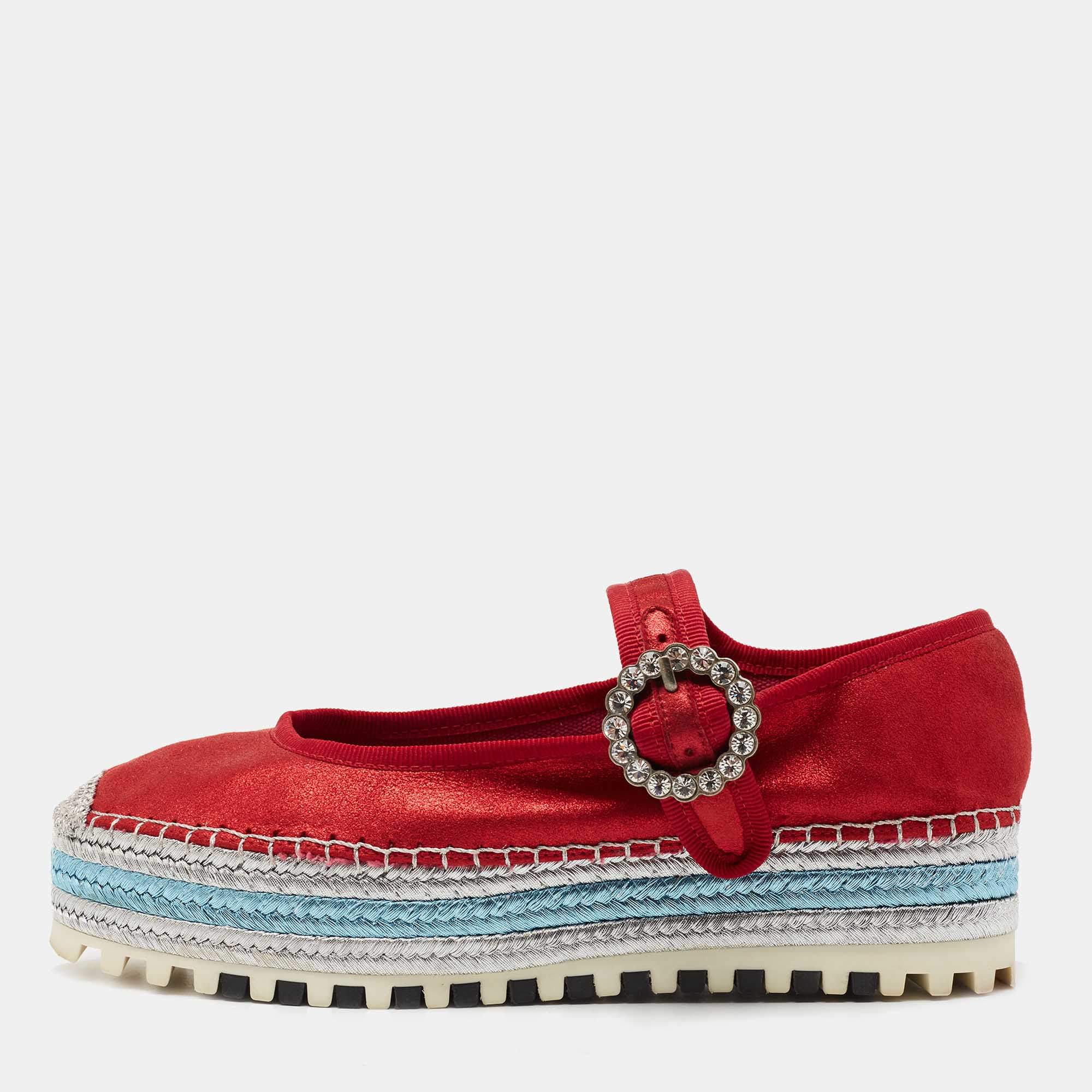 Marc Jacobs Metallic Red Nubuck Leather Crystal Embellished Suzi Mary Jane Espadrille Flats Size 36 