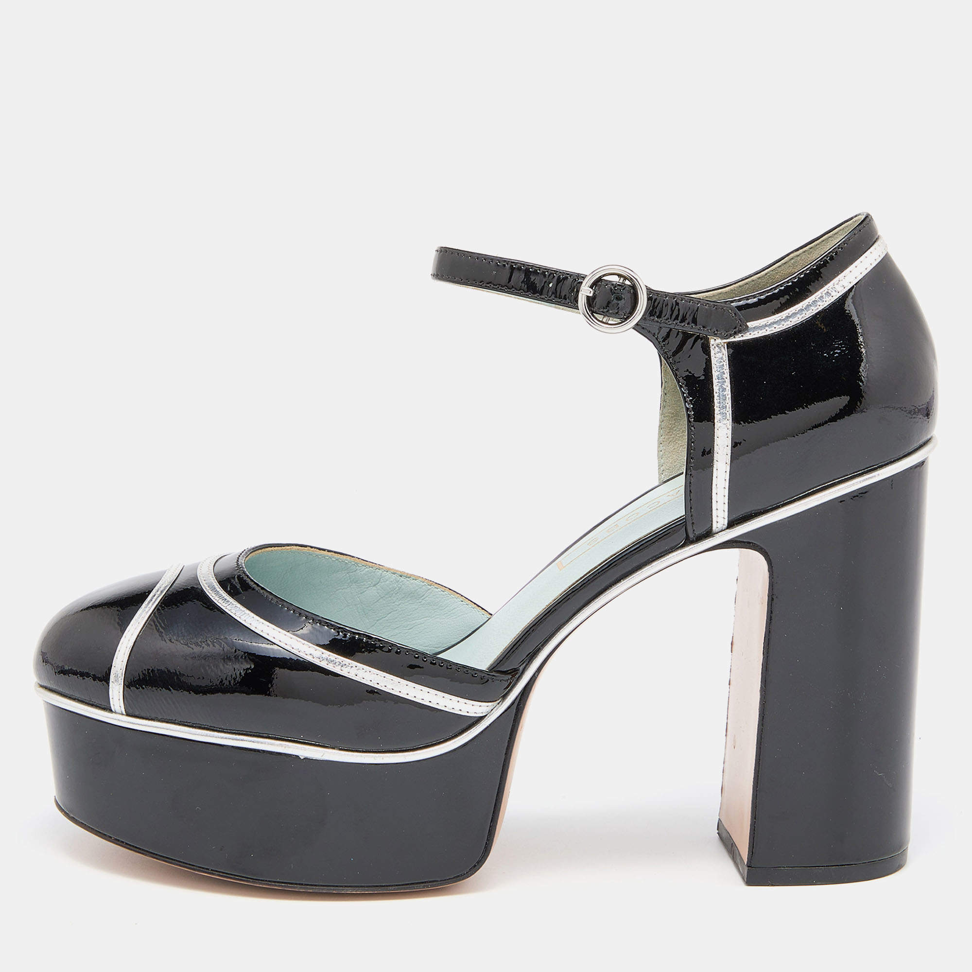 Marc Jacobs Black/Silver Patent Leather Edie Platform Pumps Size 39