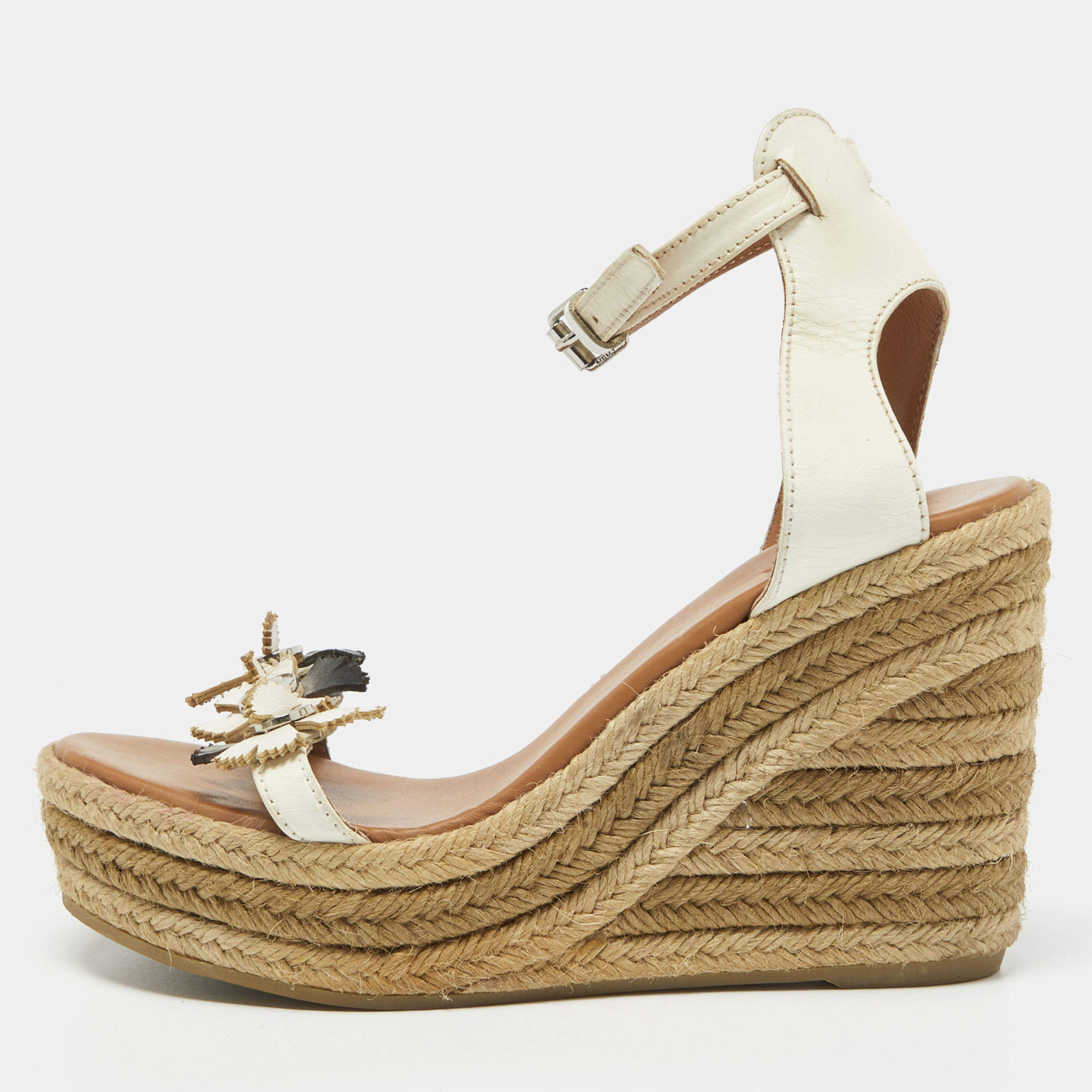 Pre Owned Marc Jacobs Cream Leather Espadrille Wedge Ankle Strap Sandals Size 38.5
