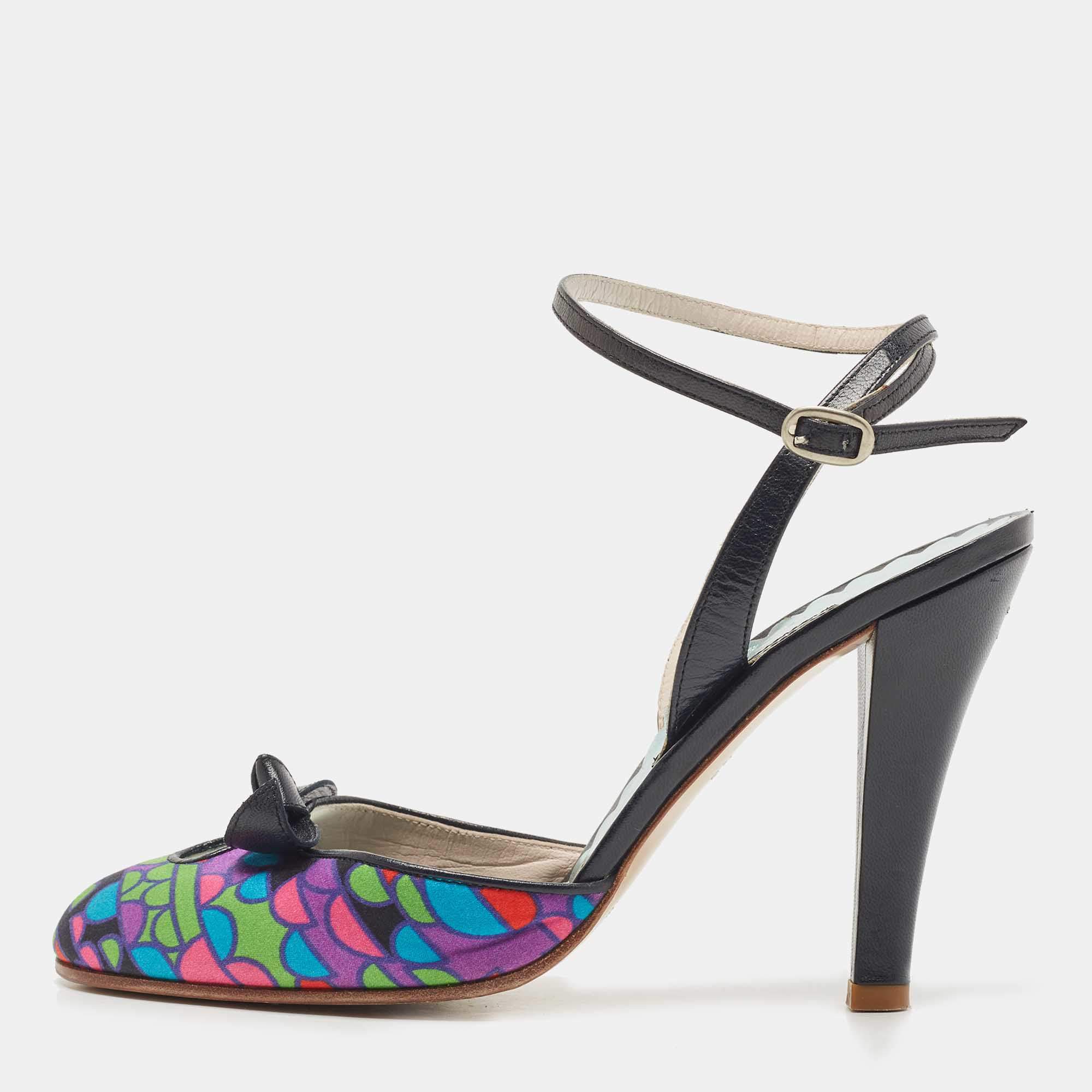 Pre Owned Marc Jacobs Multicolor Printed Satin and Leather Ankle Strap sandals Size 37.5