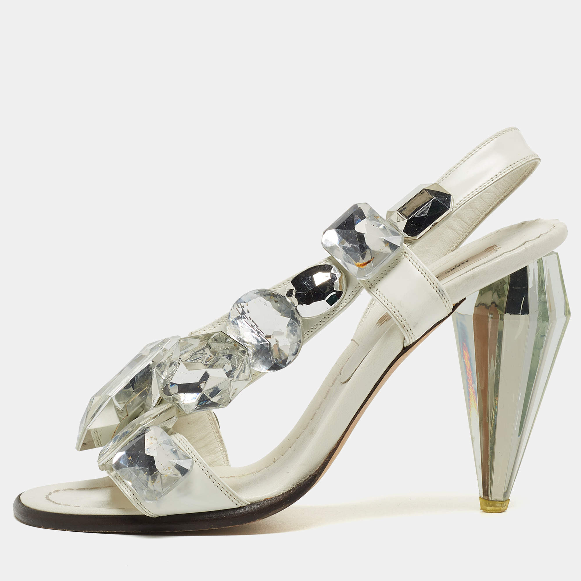 Marc by Marc Jacobs White Leather Crystal Embellished Slingback Sandals Size 37.5