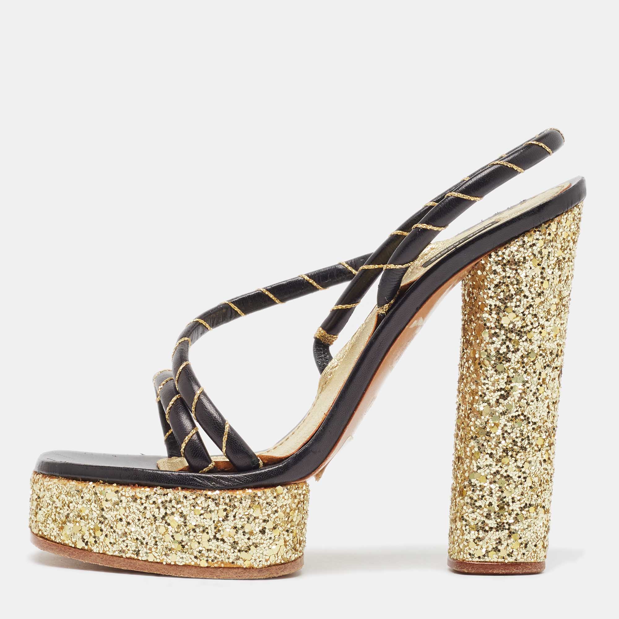 Marc Jacobs Black/Gold Leather Glitter Platform Slingback Sandals Size 36