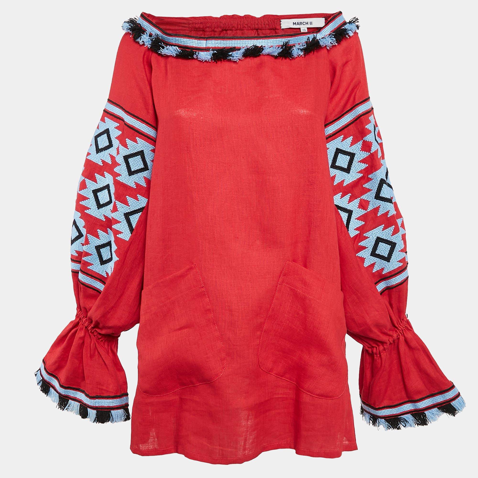 Pre Owned فستان مارش 11 أحمر بنمط قبلي مطرز قصير كتان صغير جداً