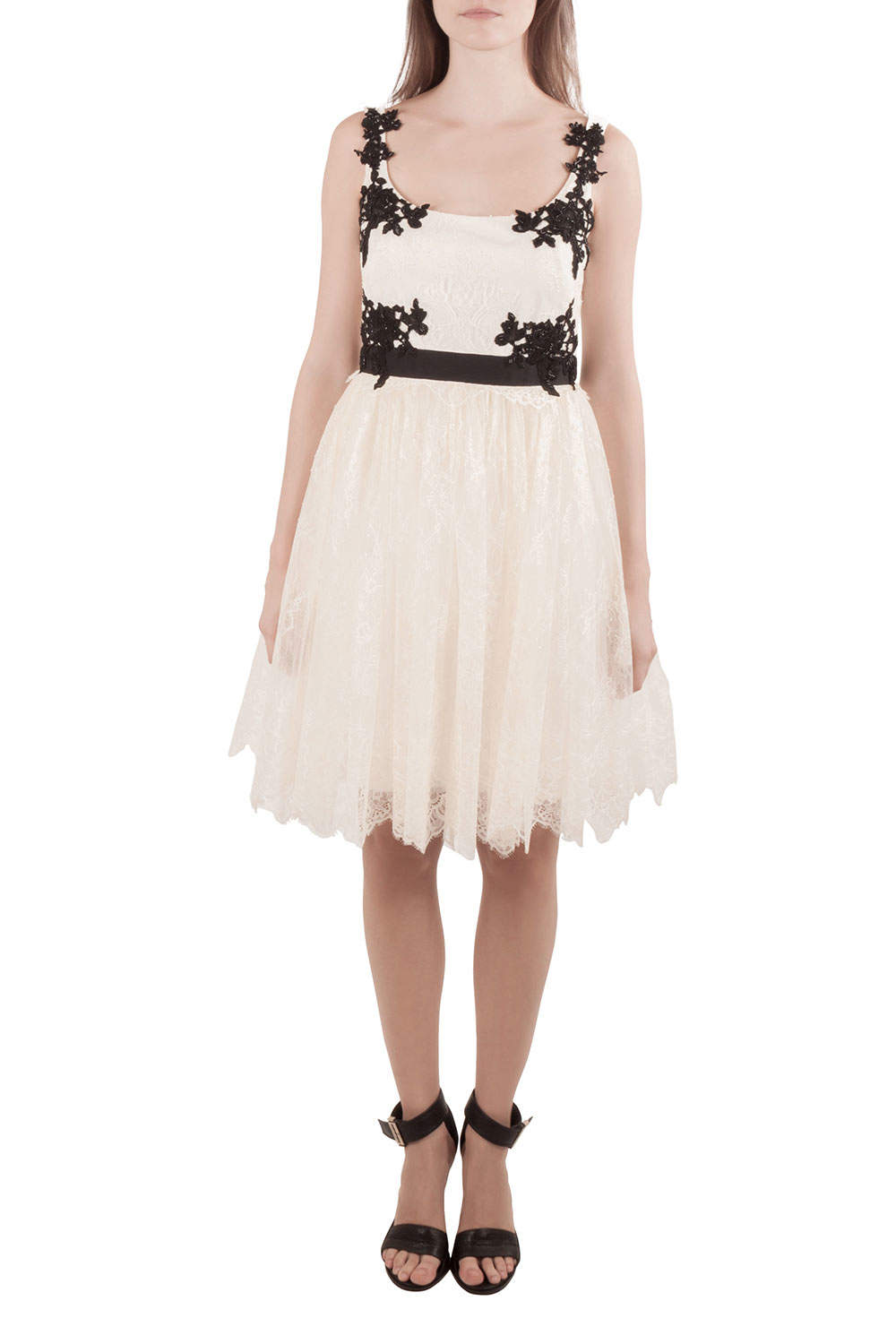 Marchesa Notte Cream Floral Lace Embellished Applique Detail Scoop Neck Sleeveless Dress M
