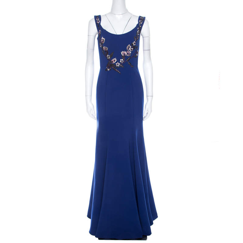 Marchesa Notte Royal Blue Floral Bead Embroidered Detail Off Shoulder Evening Gown S