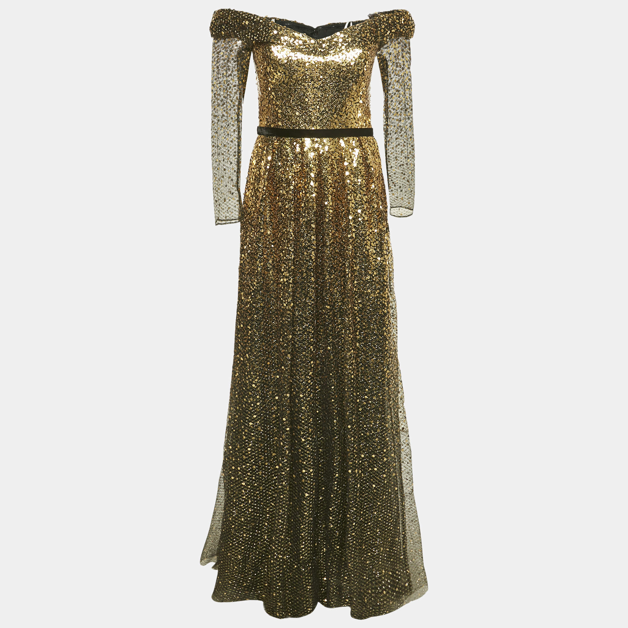 Marchesa Notte Black/Gold Sequin Embellished Tulle Off Shoulder Gown S