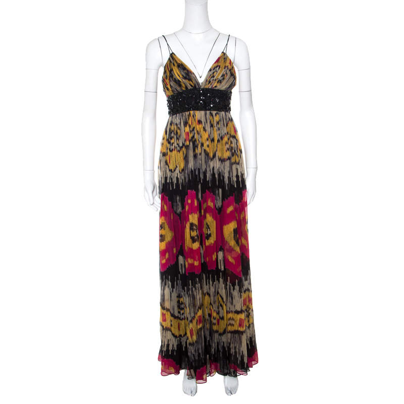 Marchesa Notte Multicolor Ikkat Printed Silk Embellished Sleeveless Maxi Gown S