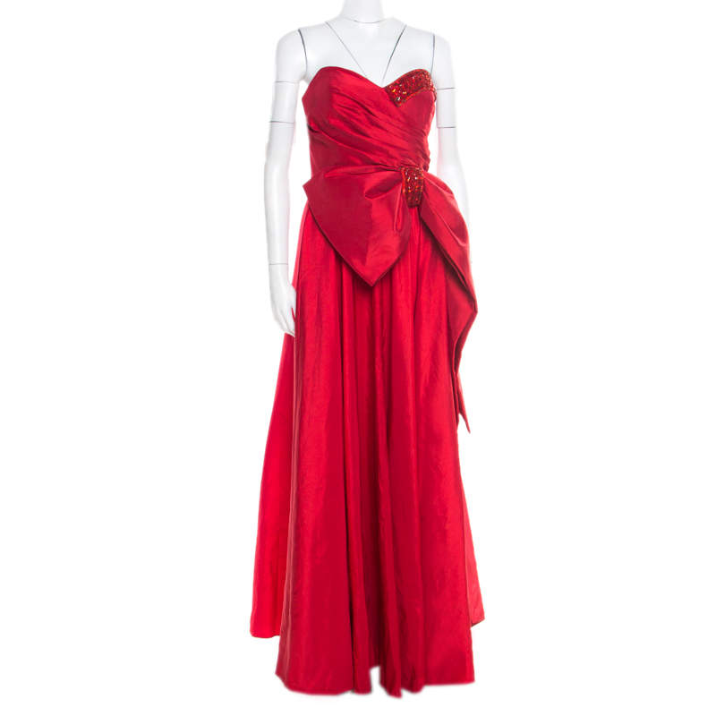 Marchesa Notte Red Embellished Trim Bow detail Strapless Gown M
