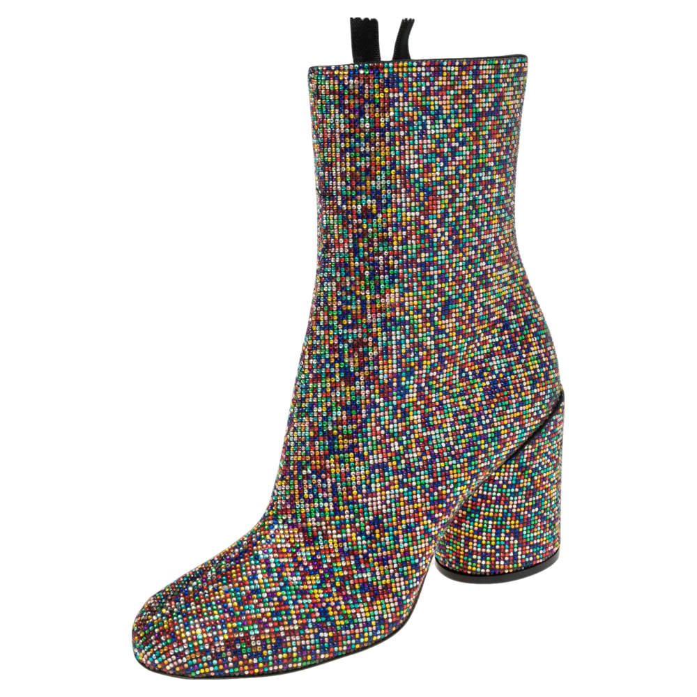 Marco de Vincenzo Multicolor Leather and Crystals Zip Ankle Boots Size 38 