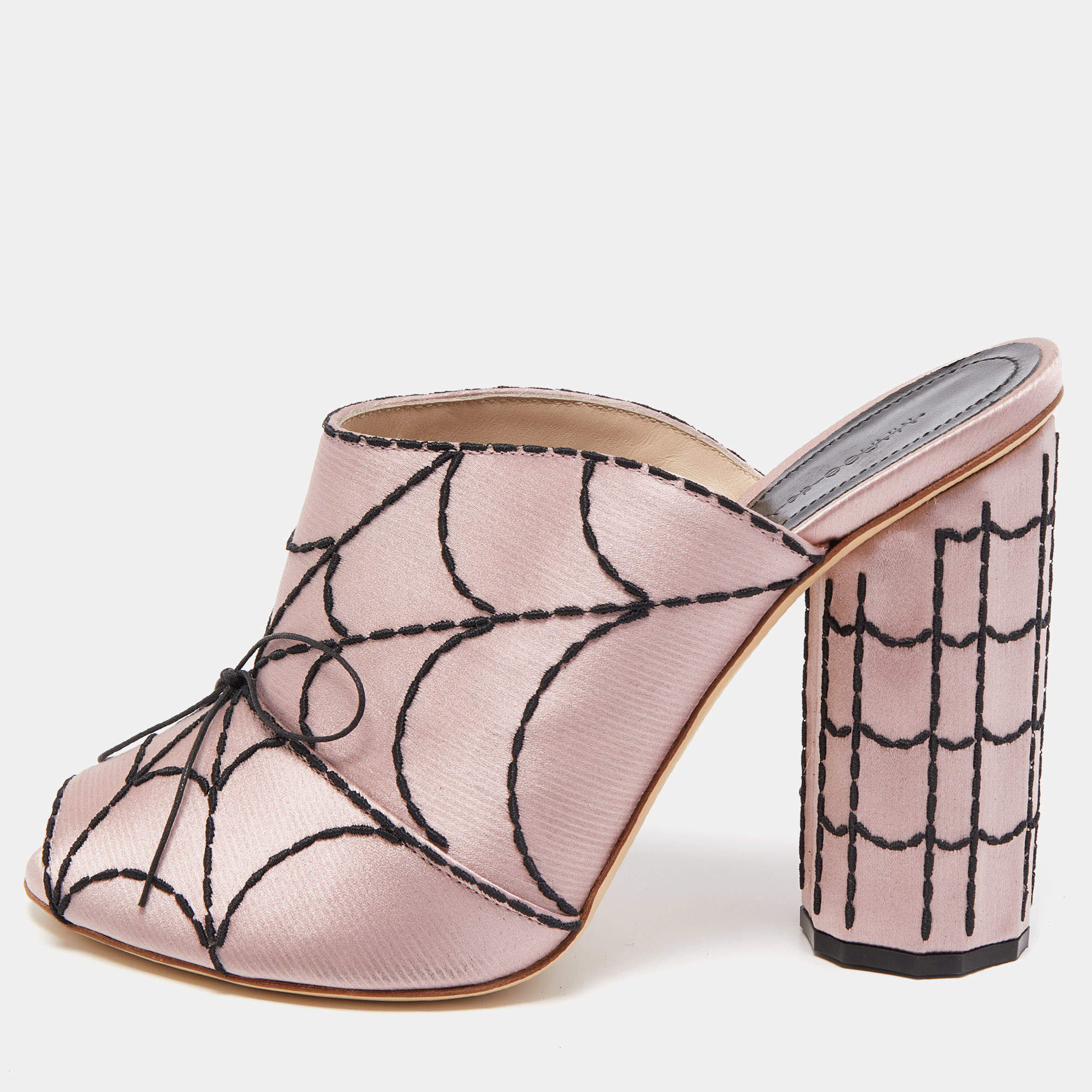 Marco de Vincenzo Pink Satin Spider Web Embroidered Open Toe Mules Size 39.5