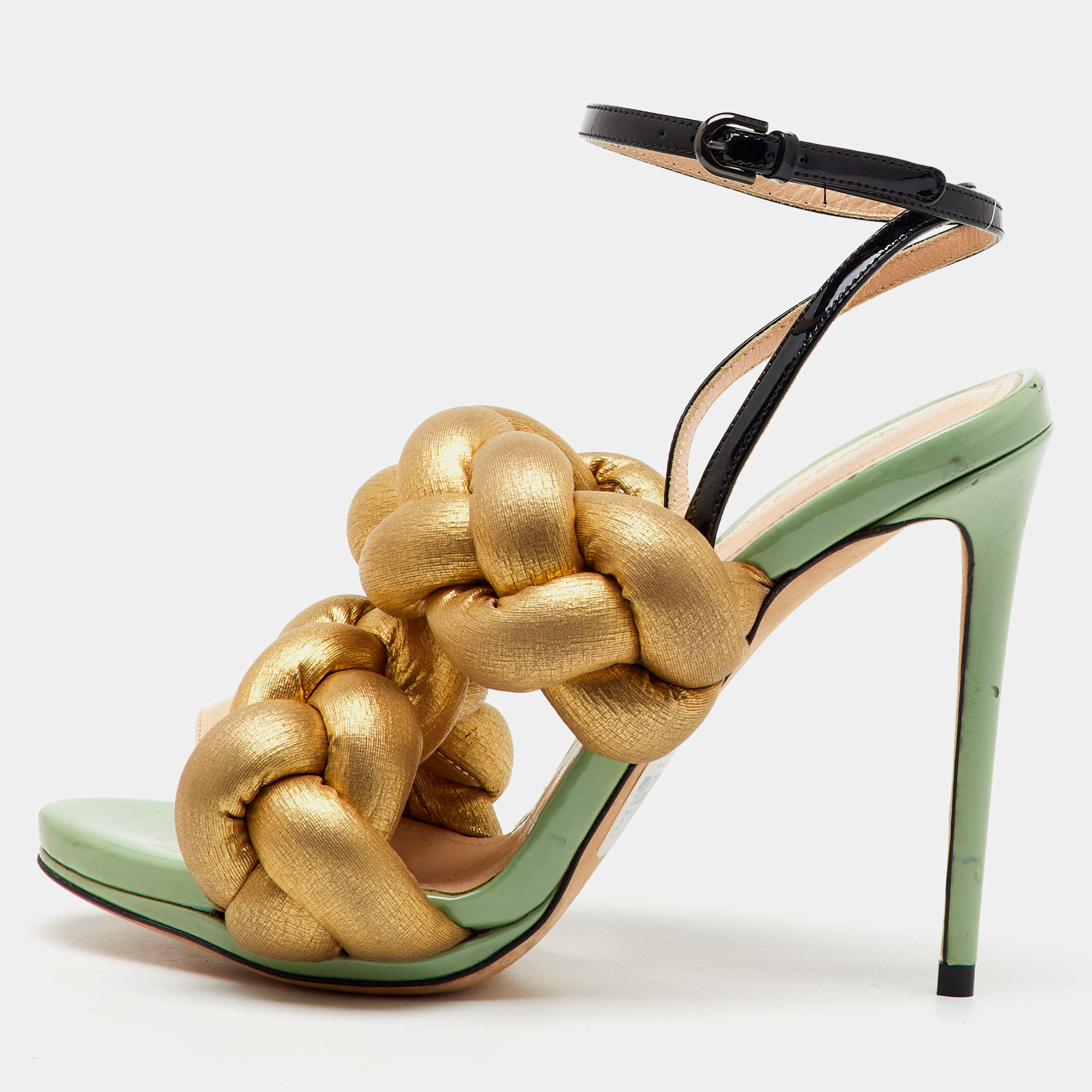Marco de vincenzo Gold/Black Metallic Leather and Patent Leather Ankle Strap Sandals Size 39.5