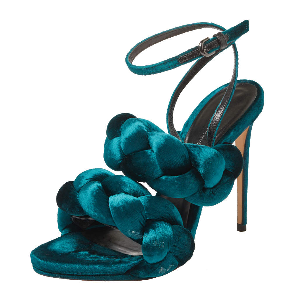 Marco de Vincenzo Teal Green Velvet Braided Ankle Strap Sandals