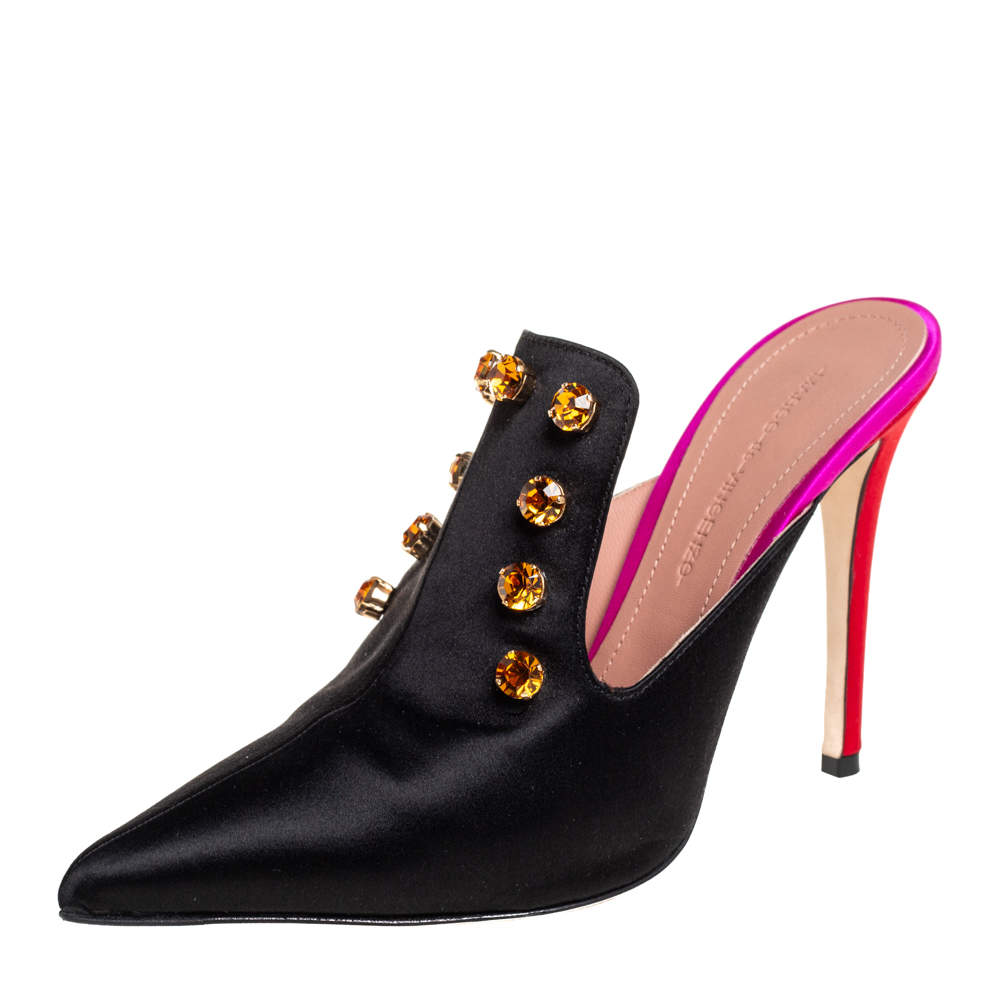 Pre Owned Marco de vincenzo Black Satin Embellished Pointed Toe Mules Size 38