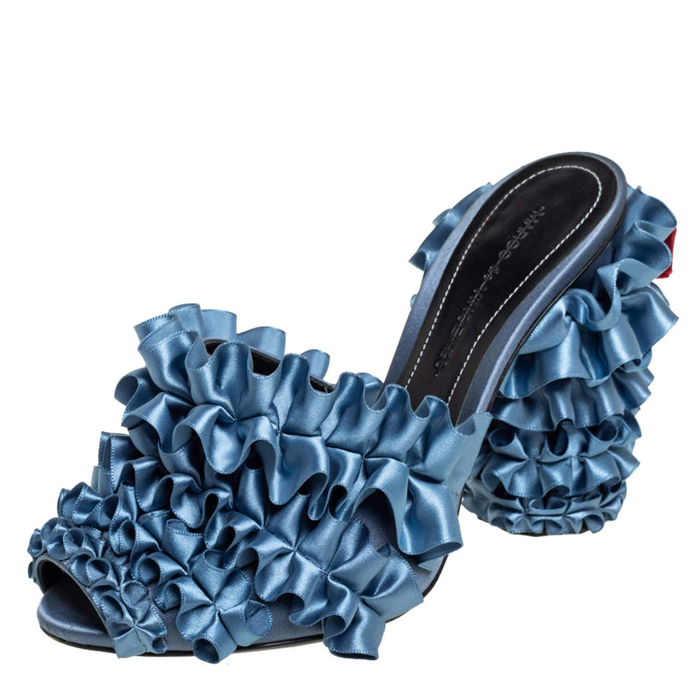 Marco de vincenzo Blue Satin Ruffle Mule Sandals Size 37.5