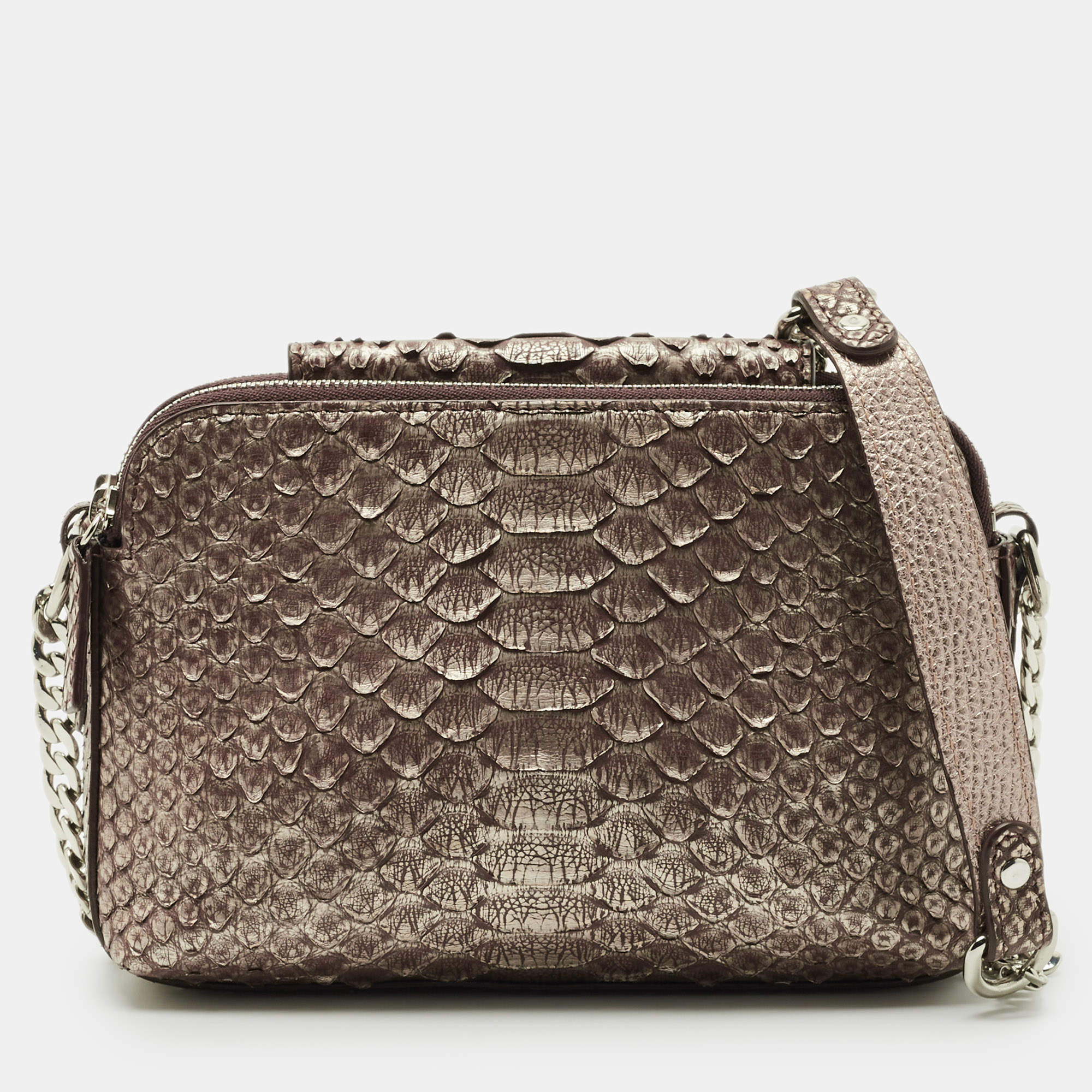 Pre Owned Maria Oliver Brown Python Double Zip Crossbody Bag