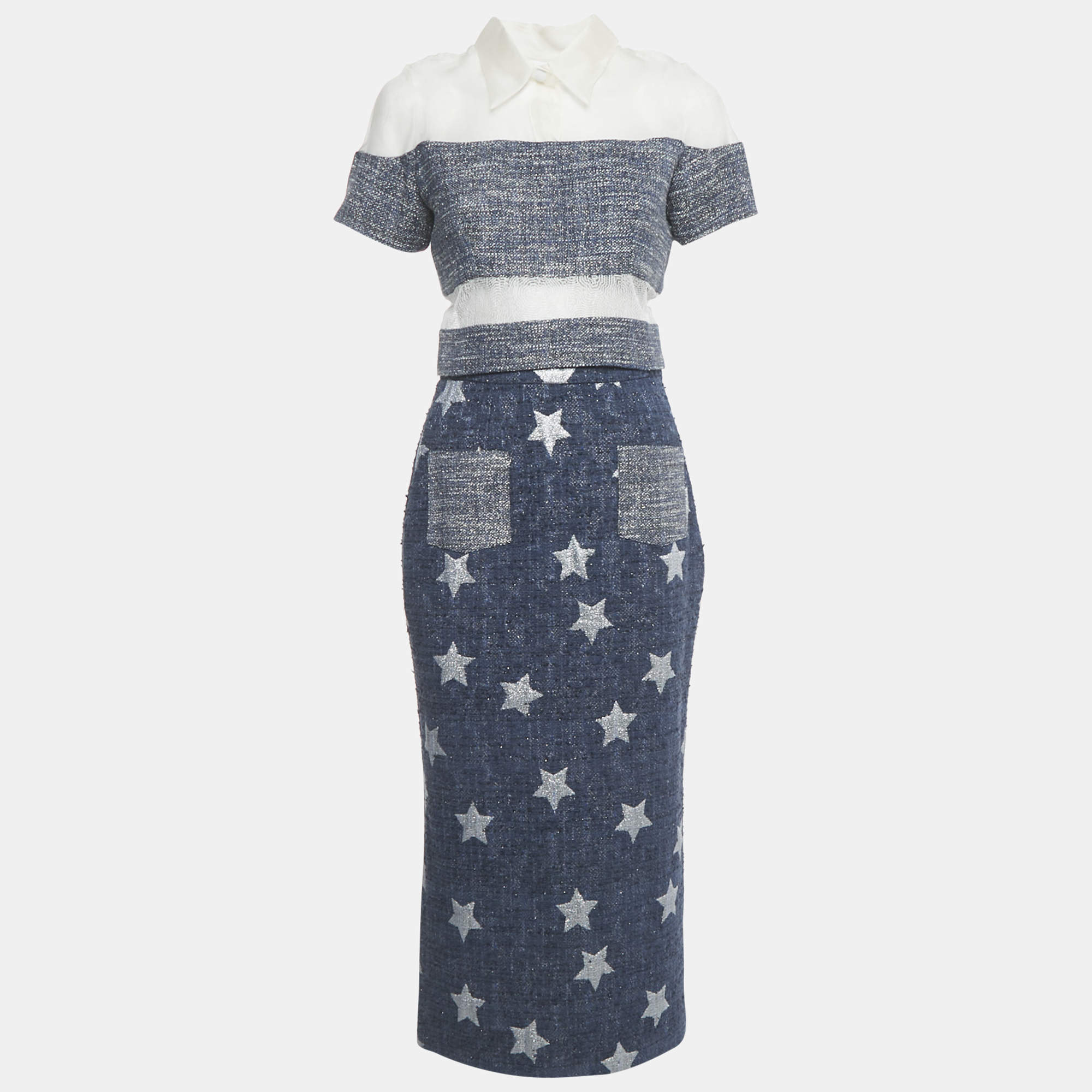 Pre Owned Marina Qureshi Blue Jacquard Tweed Top and Skirt Set S