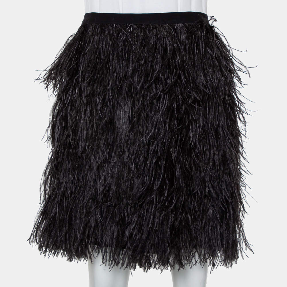 Pre Owned Marina Qureshi Black Silk Feather Trim Detail Mini Skirt L