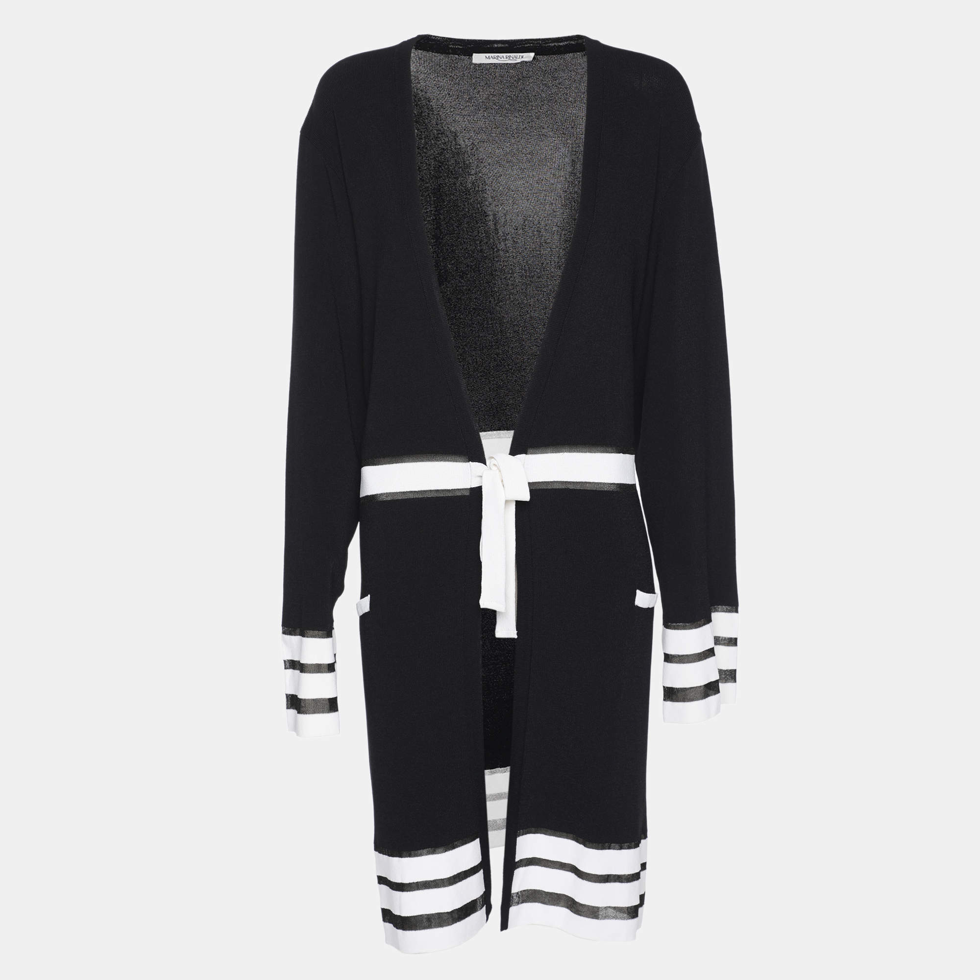 Pre Owned Marina Rinaldi Navy Blue/White Rib Knit Belted Cardigan L