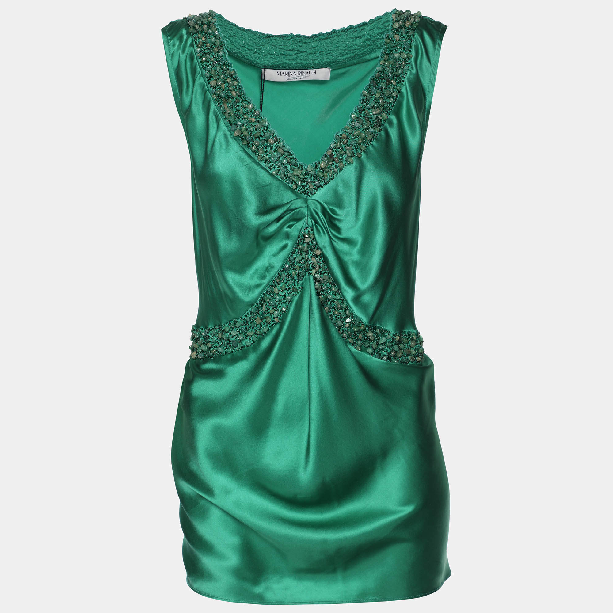 Pre Owned Marina Rinaldi Green Silk Embellished Tops L