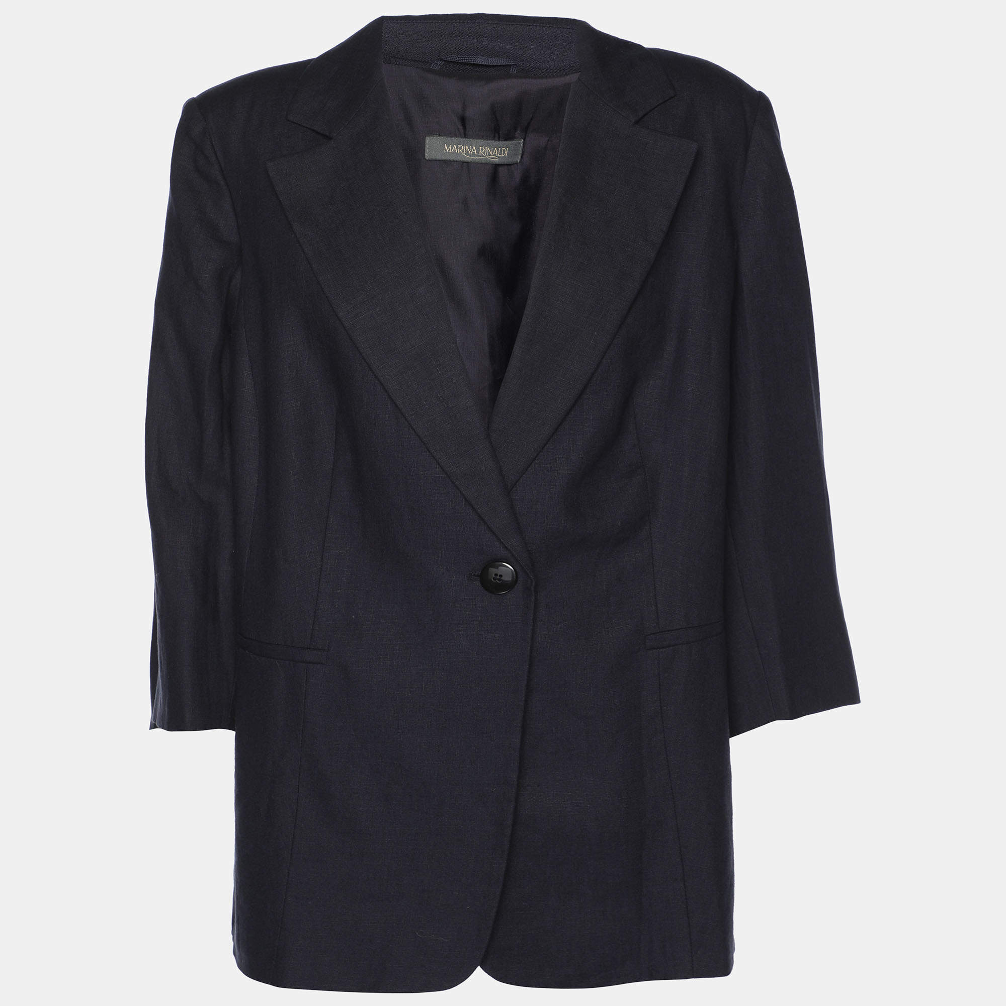 Pre Owned Marina Rinaldi Navy Blue Linen Single Breasted Blazer L