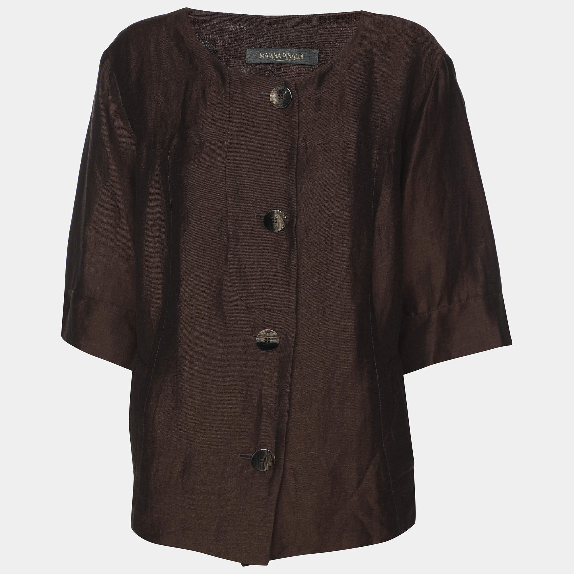 مملوكة مسبقًا جاكيت مارينا رينالدي بني مزيج كتان بأكمام قصيرة مقاس كبير