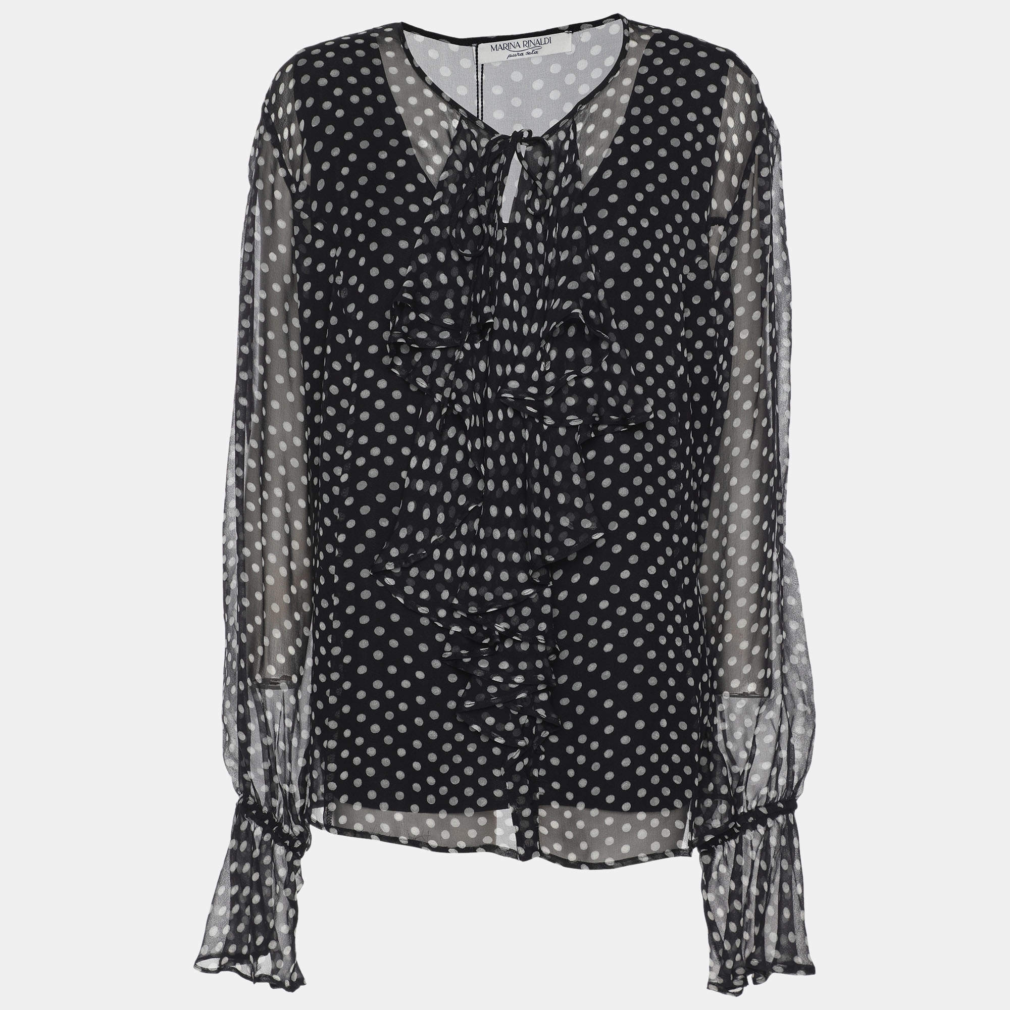Pre Owned Marina Rinaldi Dark Grey Polk Dots Print Chiffon Ruffle Neck Tops L