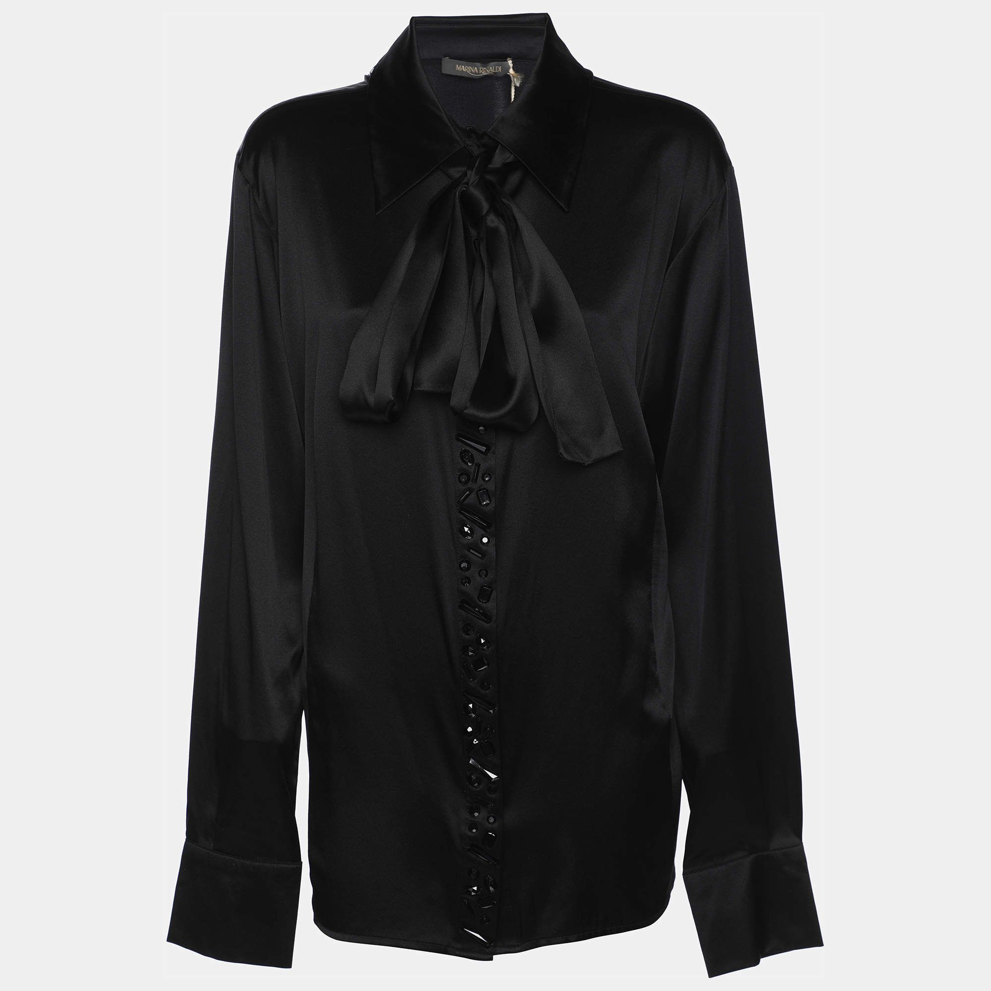 Pre Owned Marina Rinaldi Black Stretch Silk Crystal Embellished Long Sleeve Scarf Neck Shirt L