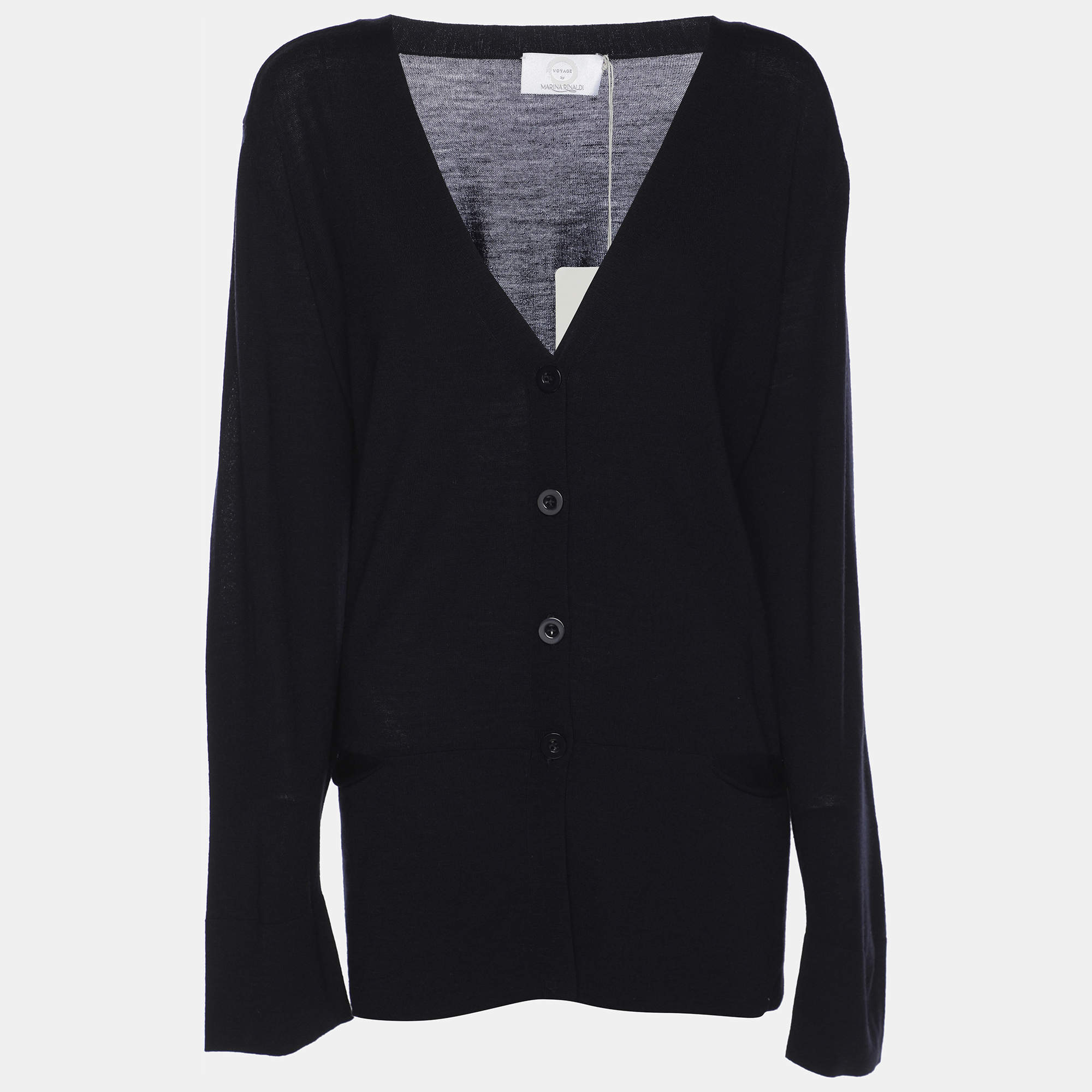 Pre Owned Marina Rinaldi Navy Blue Fleece Wool Knit Button Front Sweater L