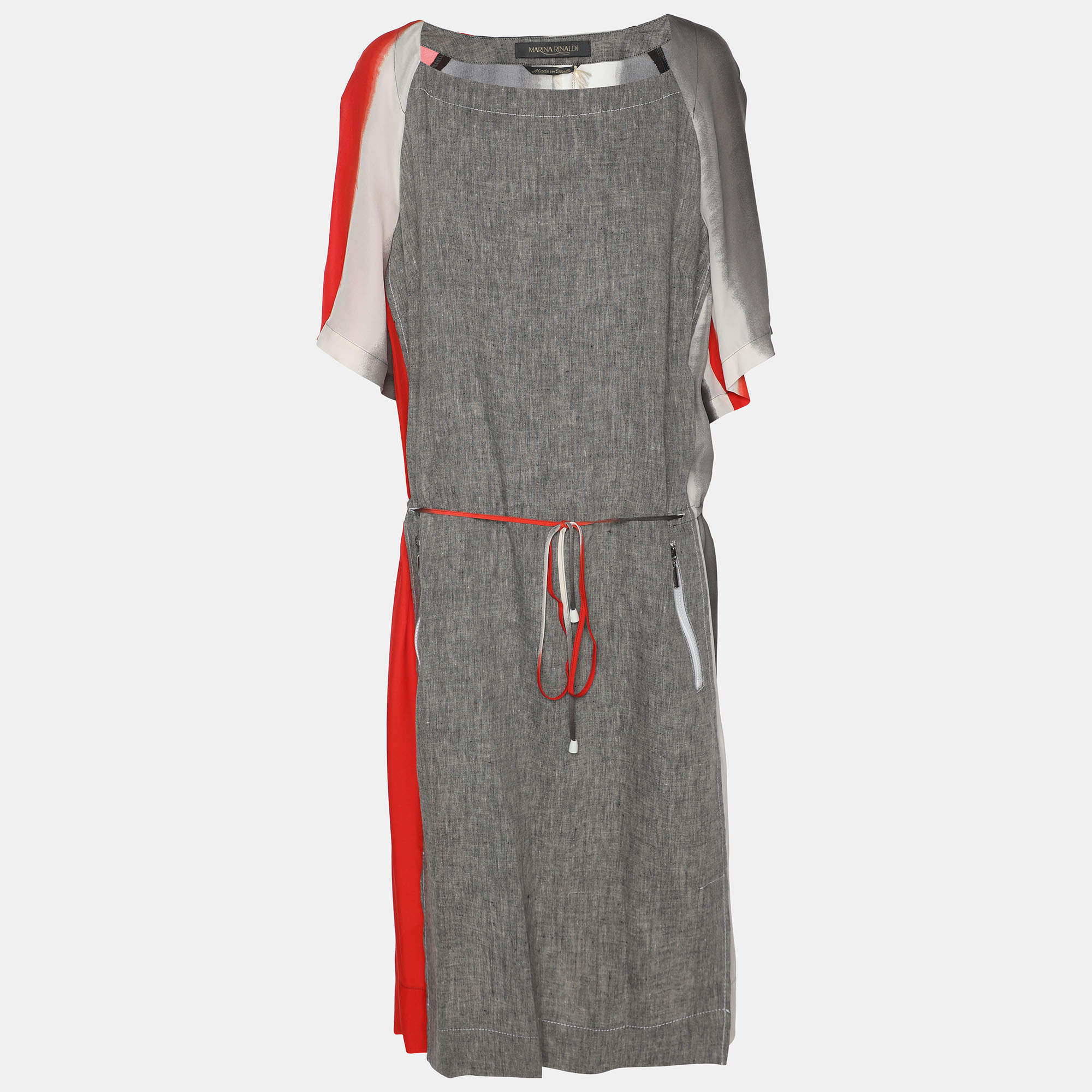 Pre Owned Marina Rinaldi Multicolor Silk Linen Drawstring Dress L