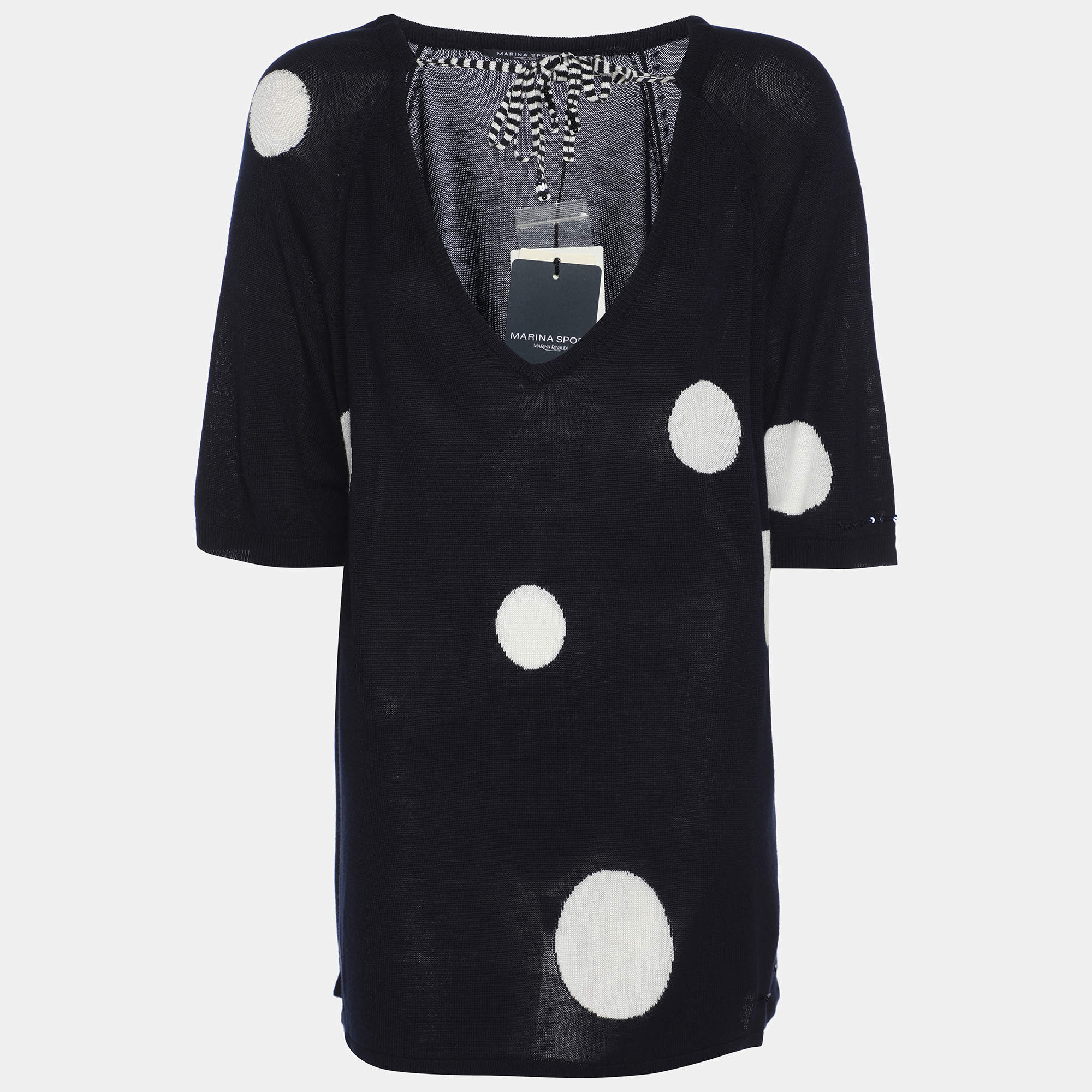 Pre Owned Marina Sport by Marin Rinaldi Navy Blue/White Stretch Knit Polka Dot V Neck Sweater L
