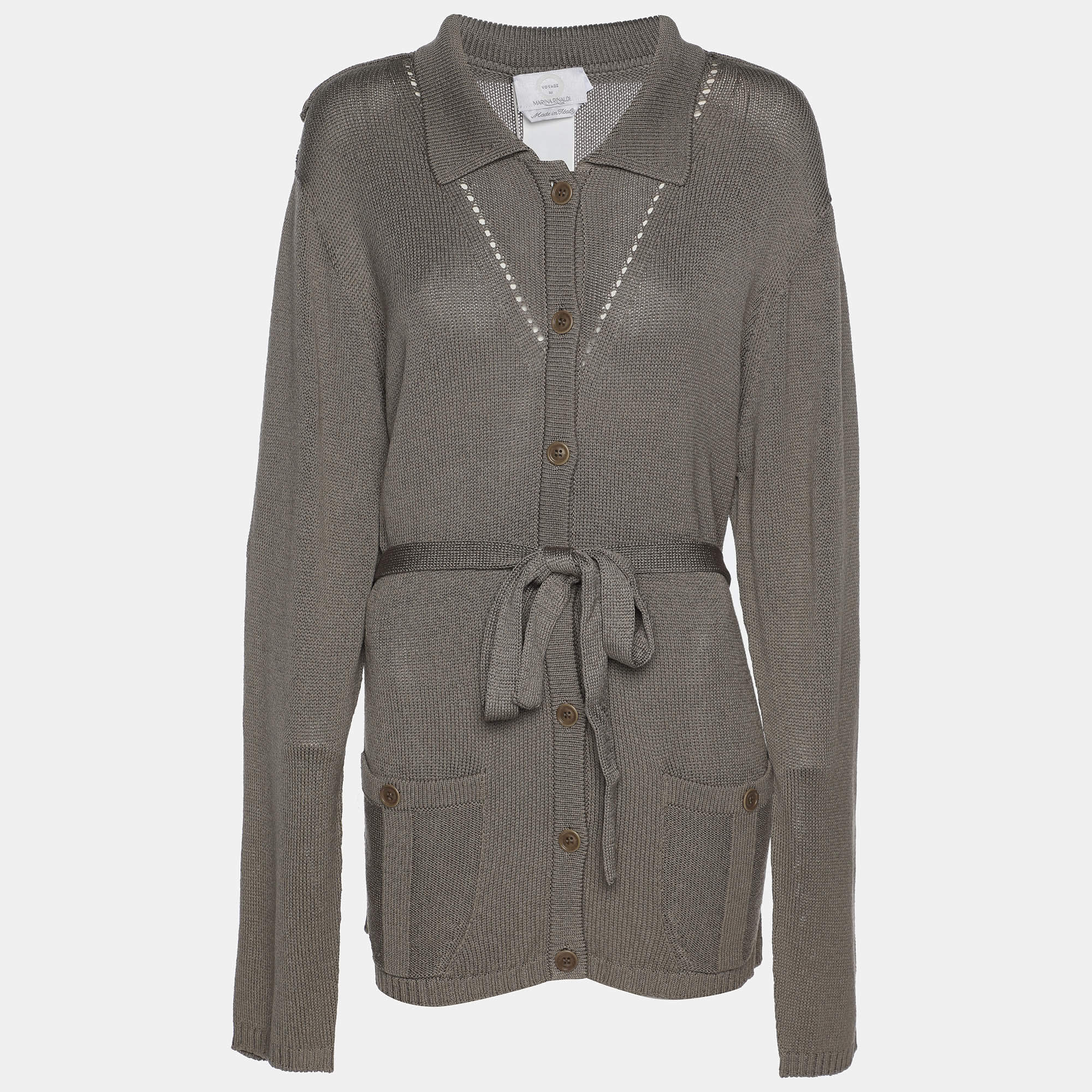 Pre Owned Marina Rinaldi Grey Rib Knit Button Front Sweater L