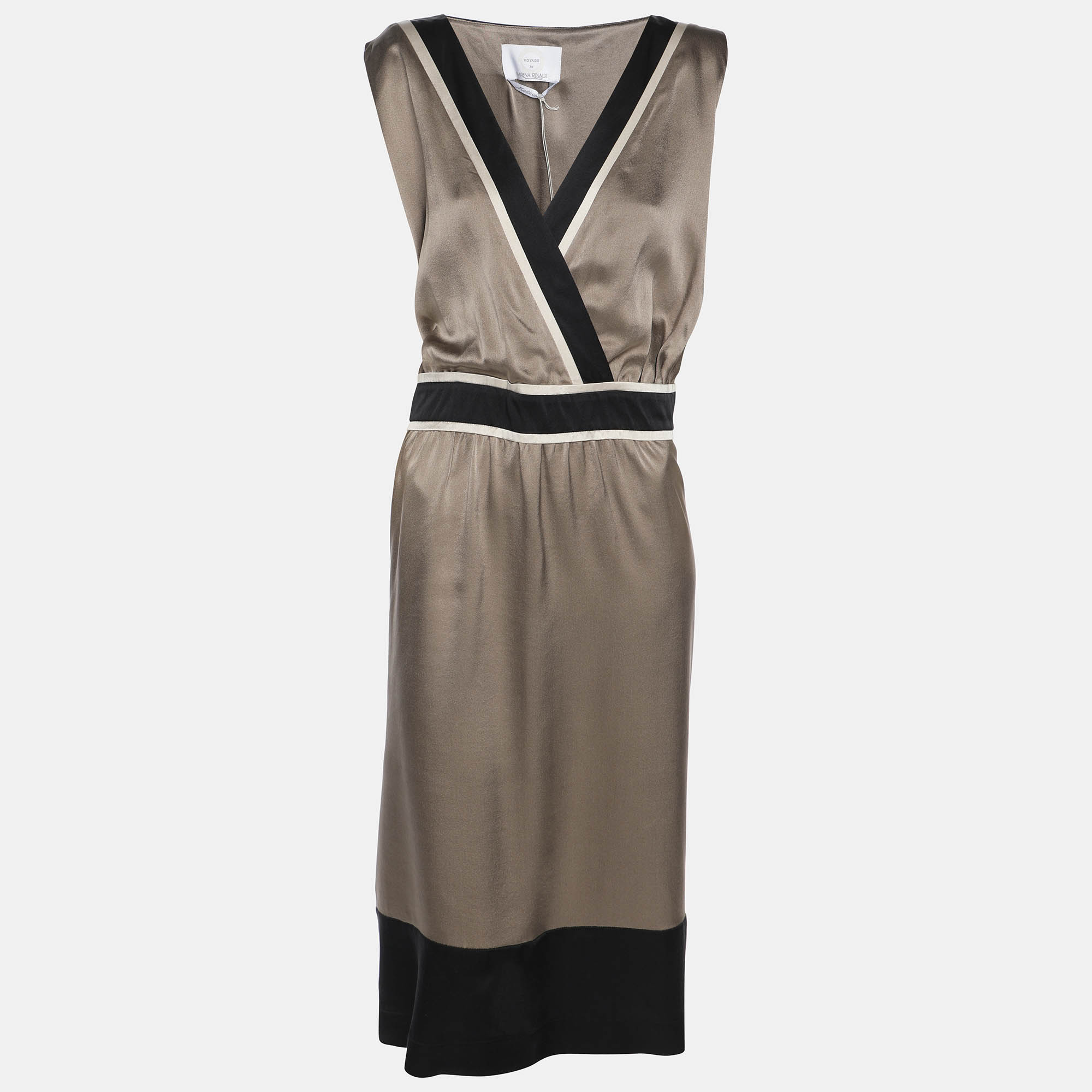Pre Owned Voyage by Marina Rinaldi Metallic Beige/Black Sleeveless Mni Dress L