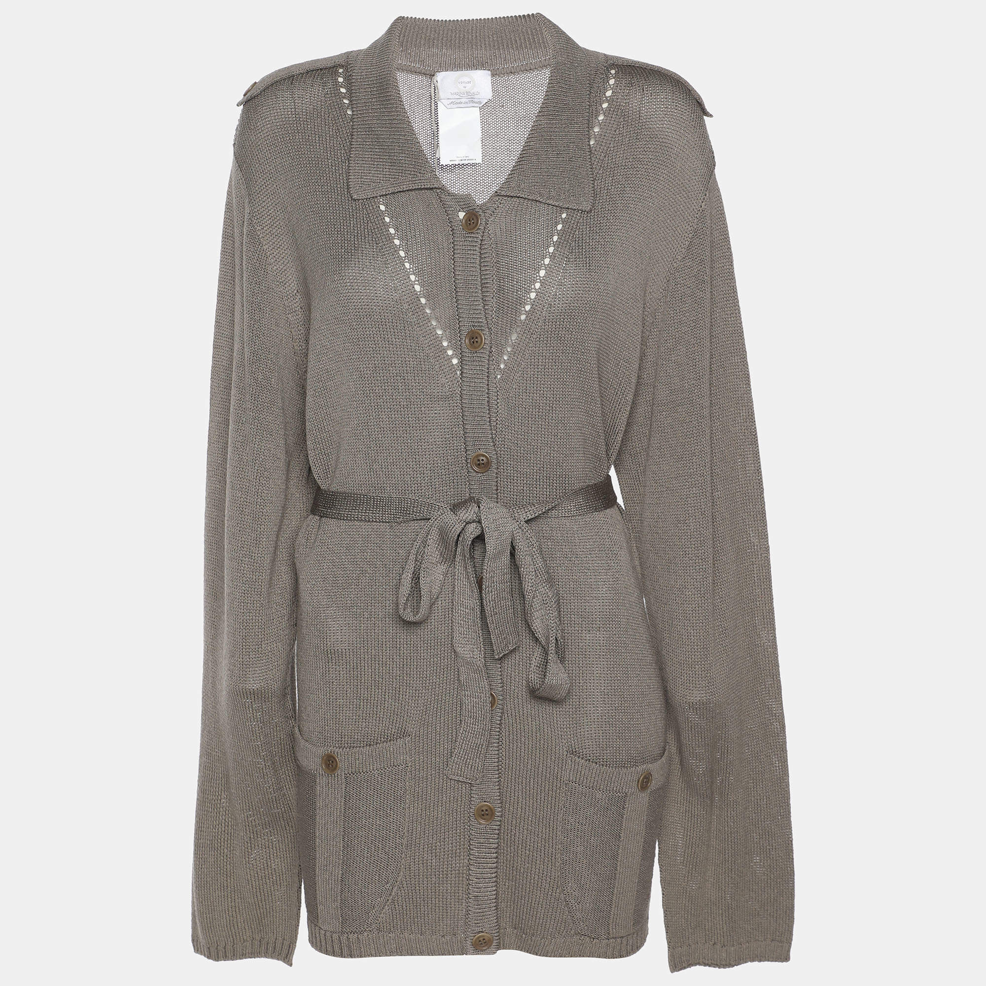 Pre Owned Voyage by Marina Rinaldi Grey Stretch Knit Belted Cardigan L