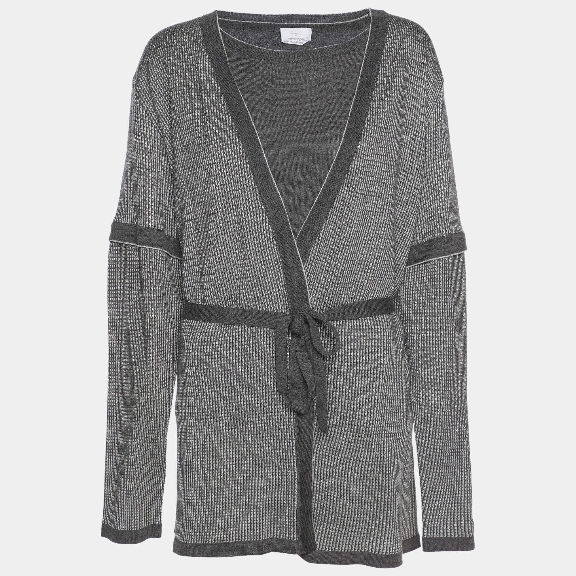 Pre Owned Marina Rinaldi Metallic Grey Jersey Cardigan Set L