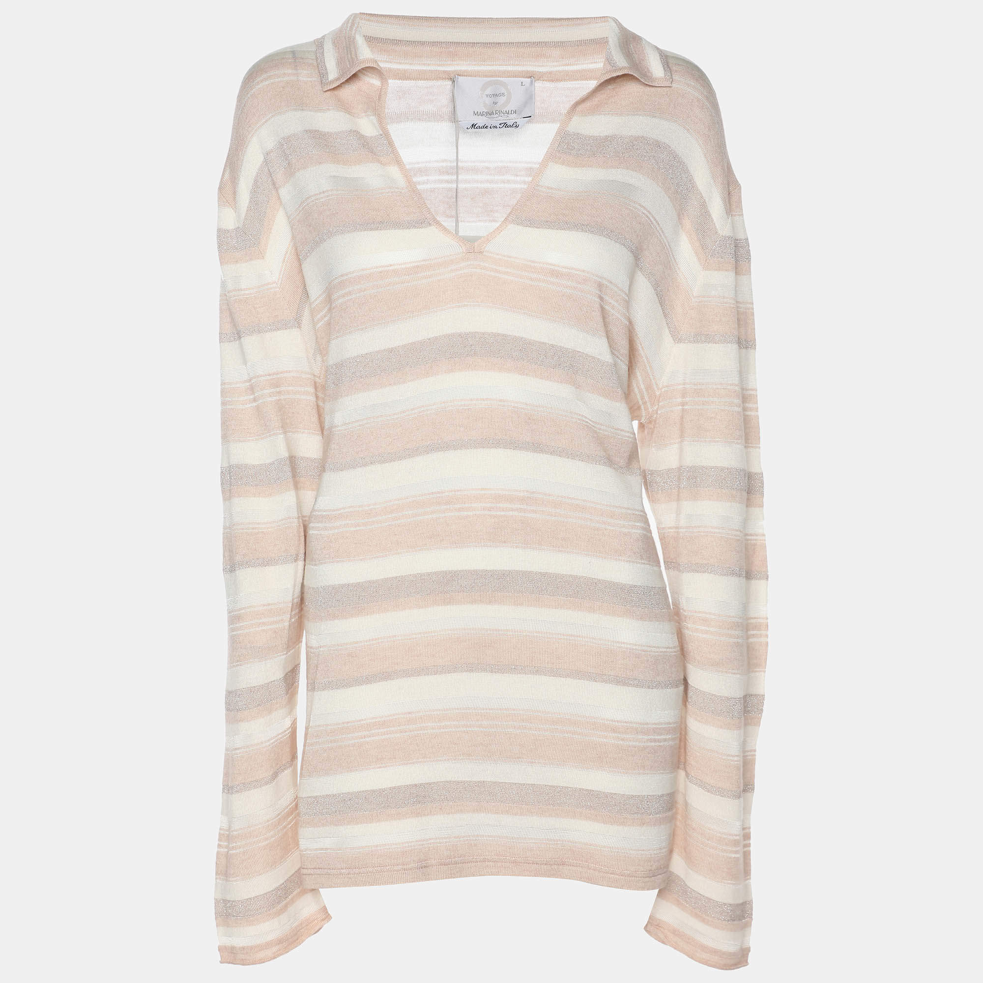 Pre Owned Voyage by Marina Rinaldi Peach/Metallic Stripe Stretch Knit Sweatshirt L