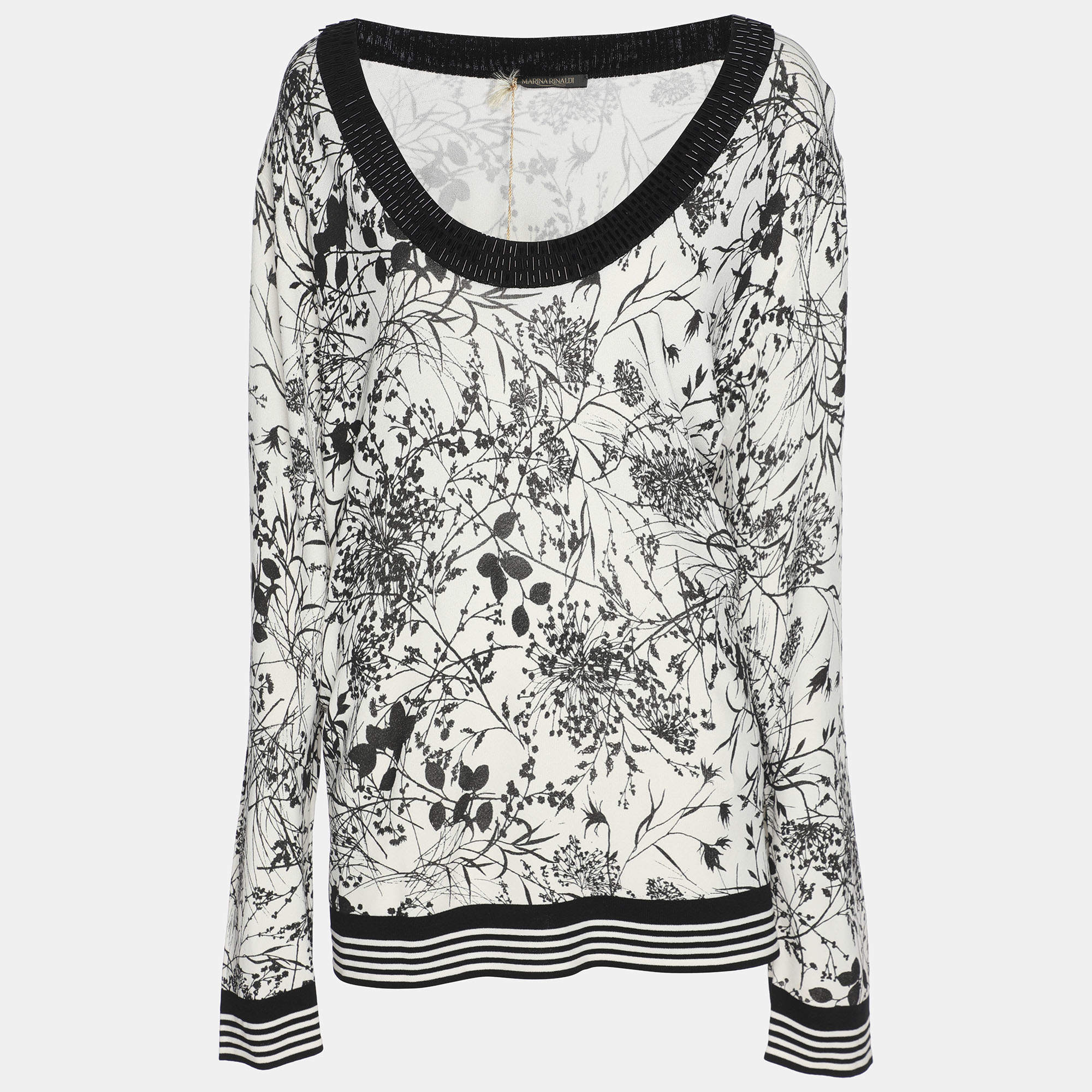 مملوكة مسبقًا Marina Rinaldi White/Black Printed Knit Embellished Neck Top XL