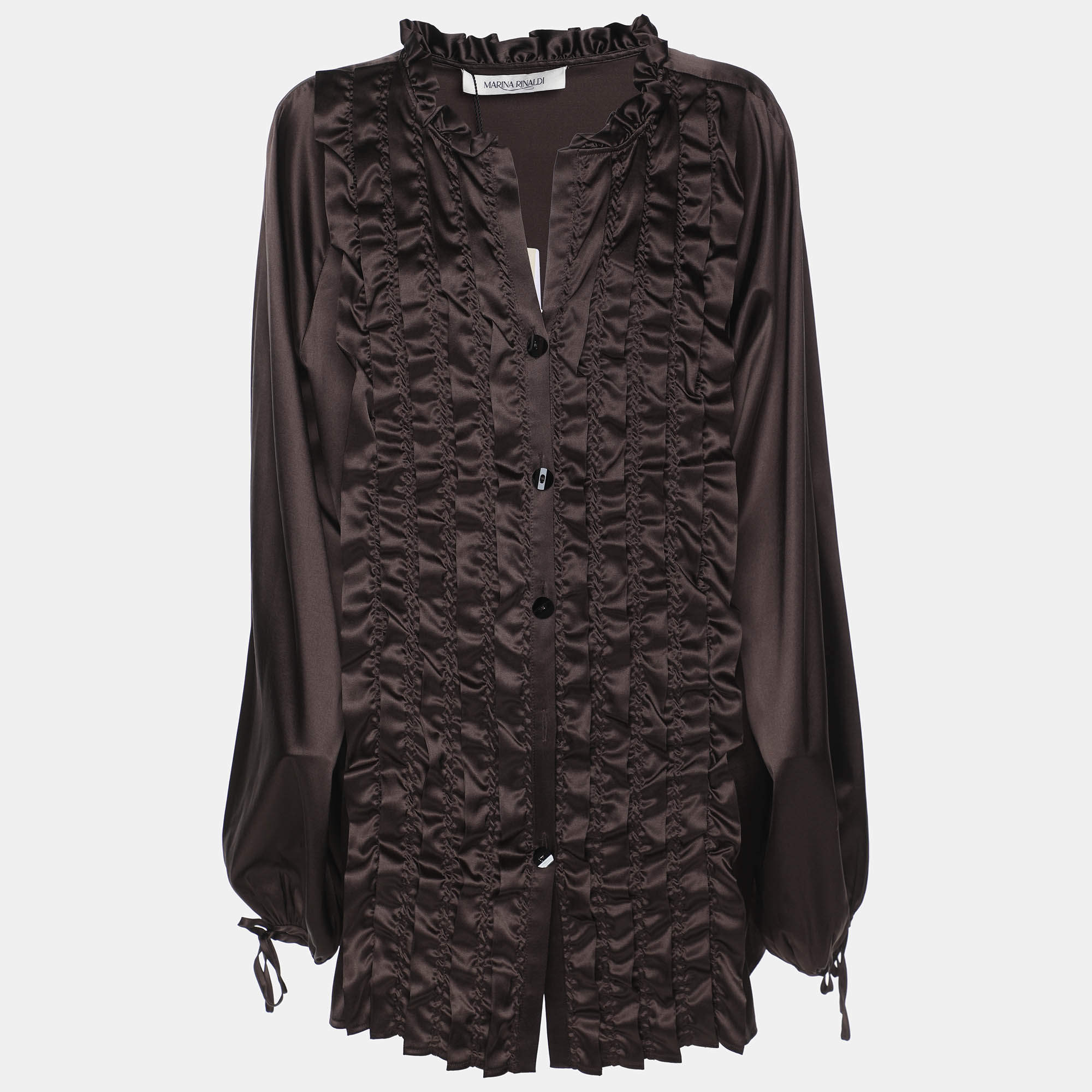 Pre Owned Marina Rinaldi Dark Brown Stretch Satin Ruffle Front Shirt L