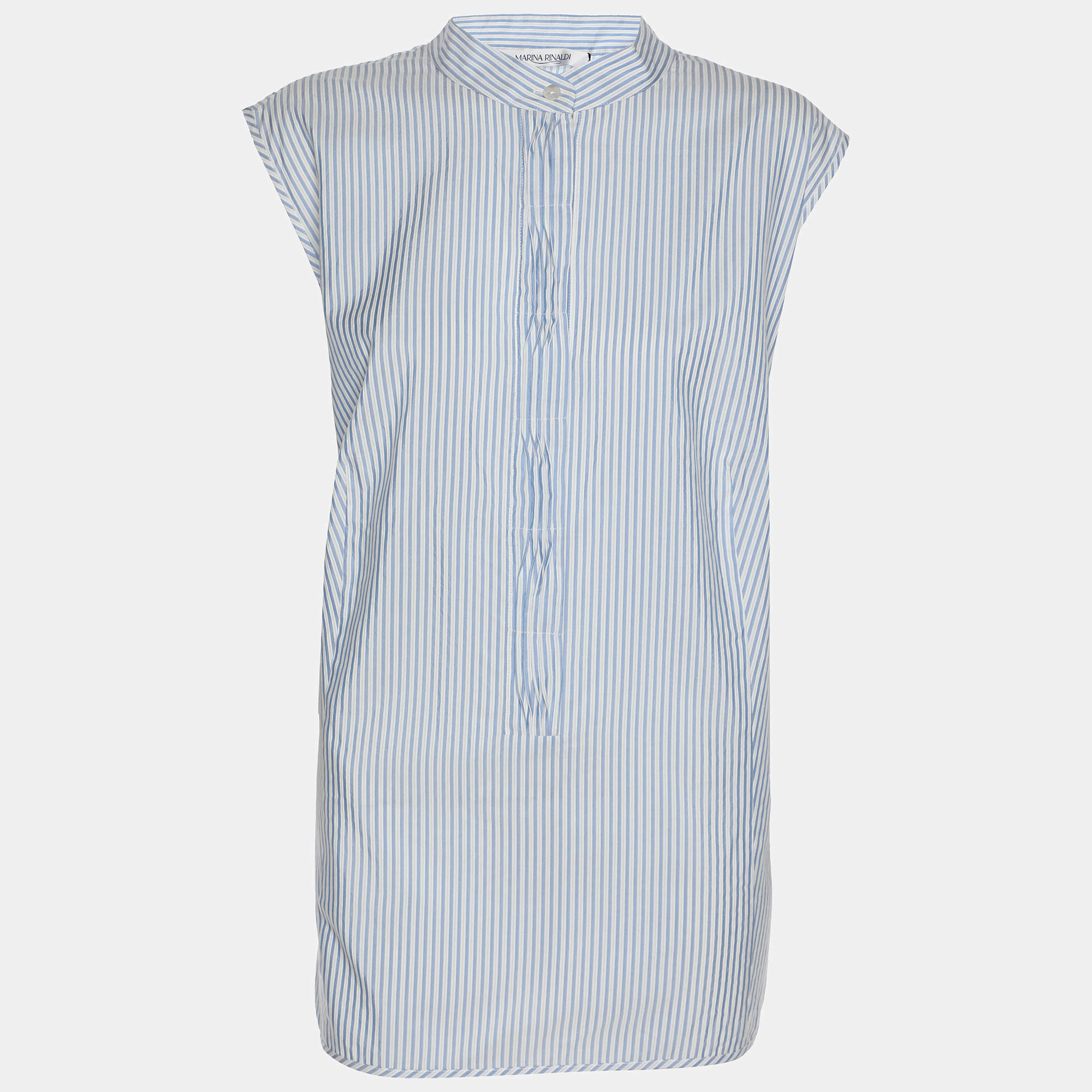 Pre Owned Marina Rinaldi Blue/White Stripe Cotton Silk Sleeveless Top L