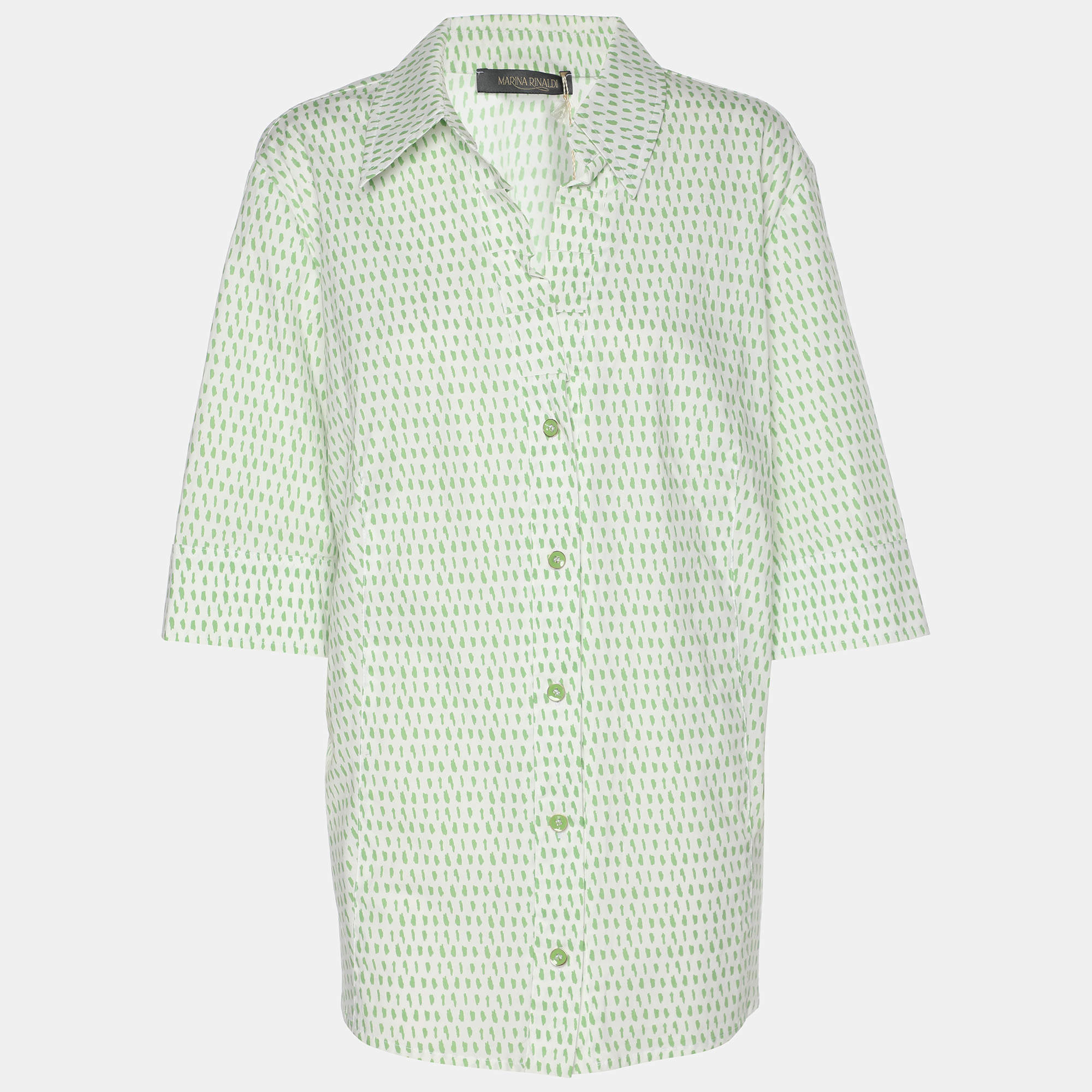 Pre Owned Marina Rinaldi Green Stretch Cotton Spot Print 3/4 Sleeve Shirt L