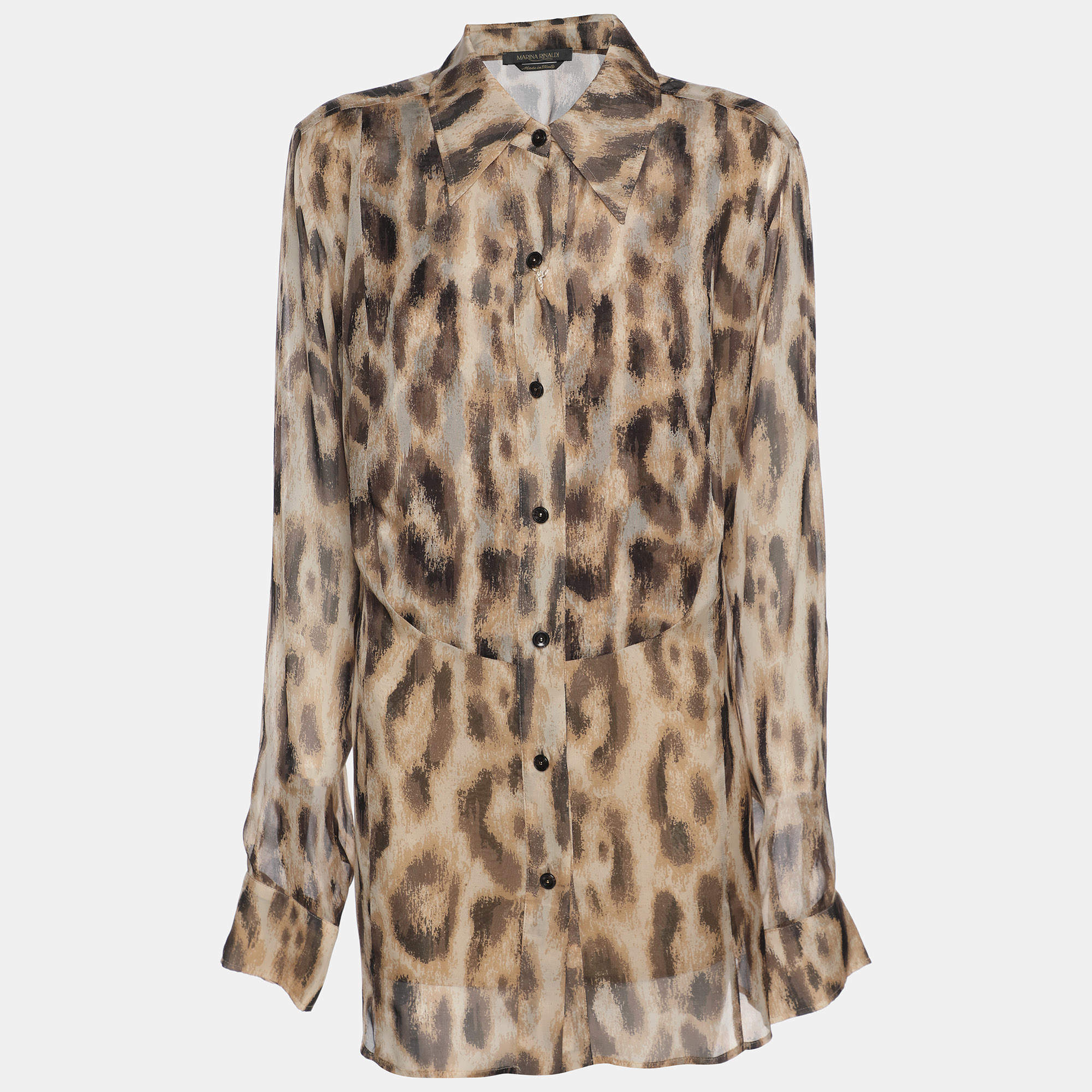 Pre Owned Marina Rinaldi Brown Printed Silk Shirt L